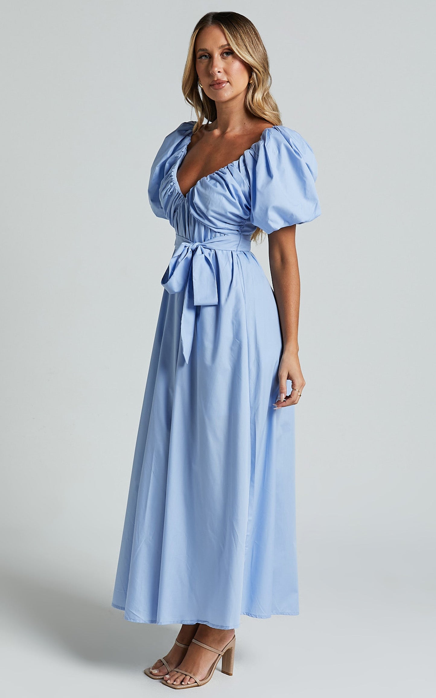 Corrie Midi Dress - Puff Sleeve V Neck Tie Front Flare Dress in Blue
