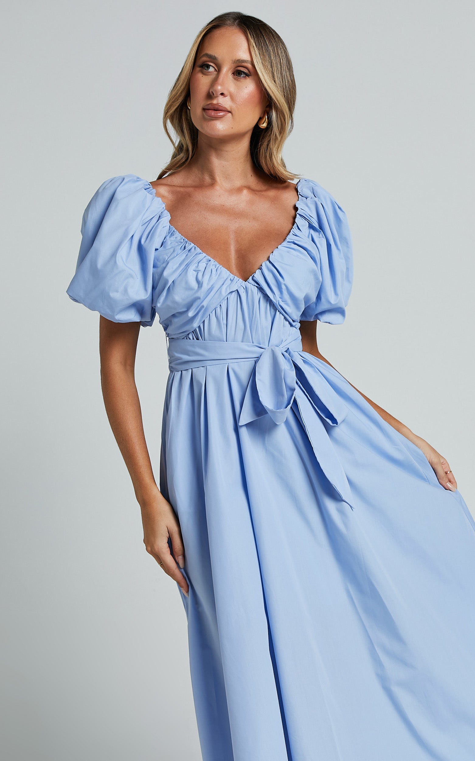 Corrie Midi Dress - Puff Sleeve V Neck Tie Front Flare Dress in Blue
