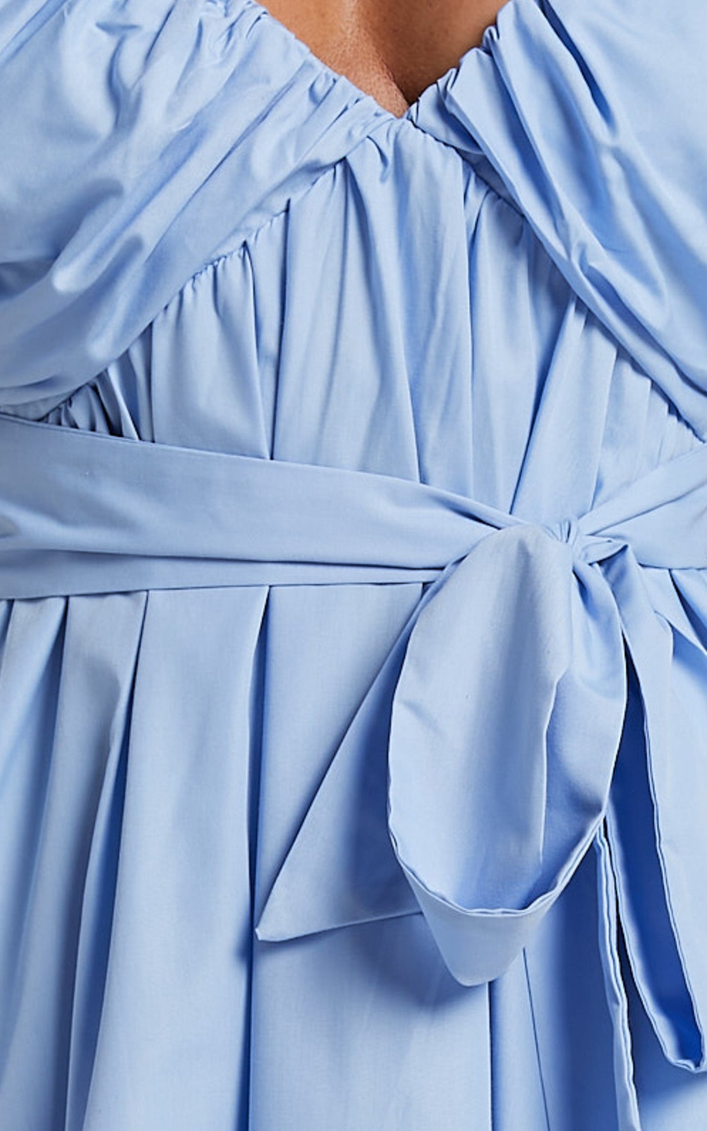 Corrie Midi Dress - Puff Sleeve V Neck Tie Front Flare Dress in Blue