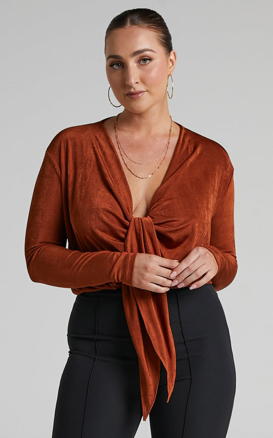 Cortez Top - Plunging Centre Front Waist Tie Top in Rust
