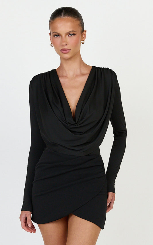 Cosette Bodysuit - Long Sleeve Cowl Neck Bodysuit in Black