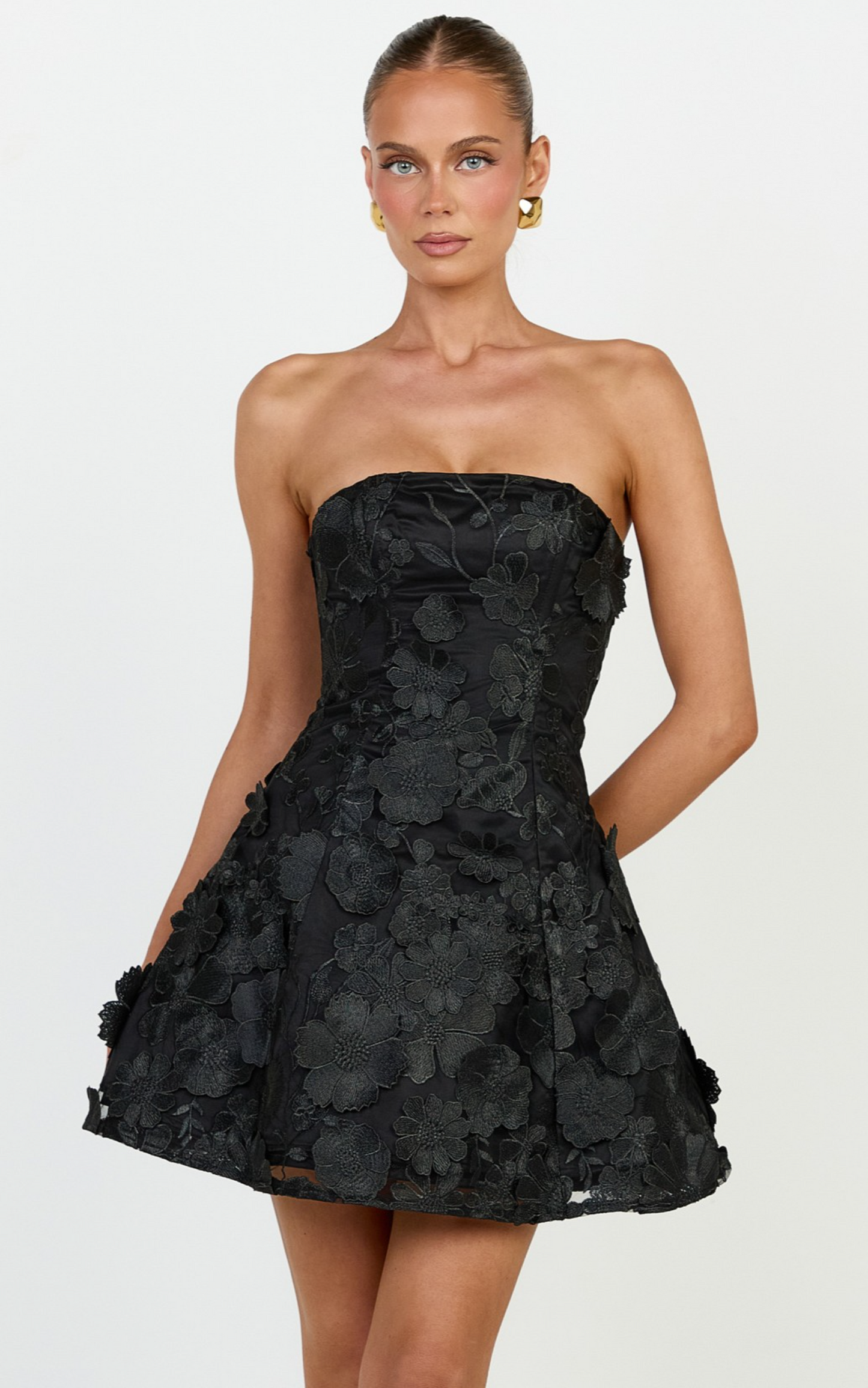 Cosima Mini Dress - Strapless 3D Floral Fit And Flare Dress in Black