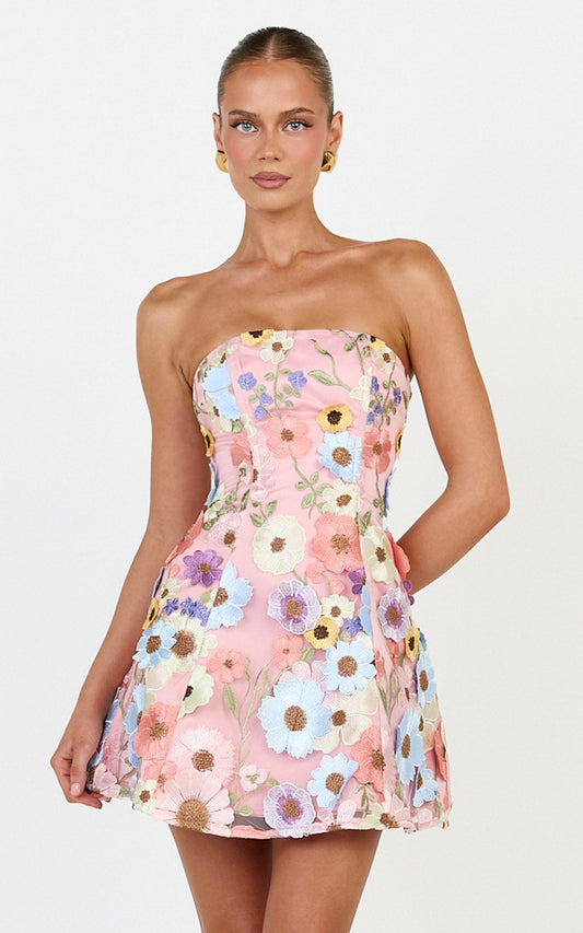 Cosima Mini Dress - Strapless 3D Floral Fit And Flare Dress in Multi