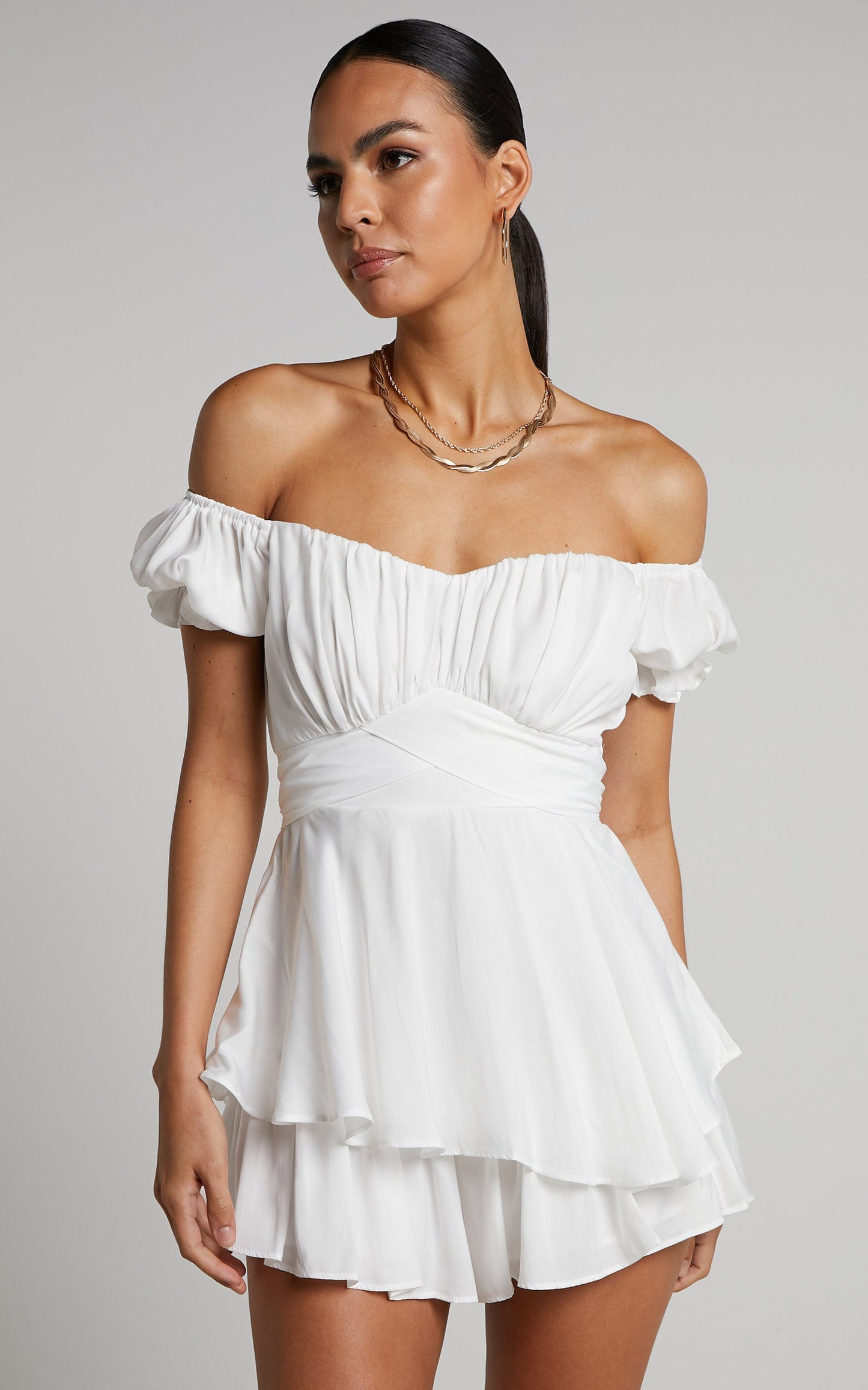 Courtney Playsuit - Off Shoulder Puff Sleeve Ruffle Playsuit in White