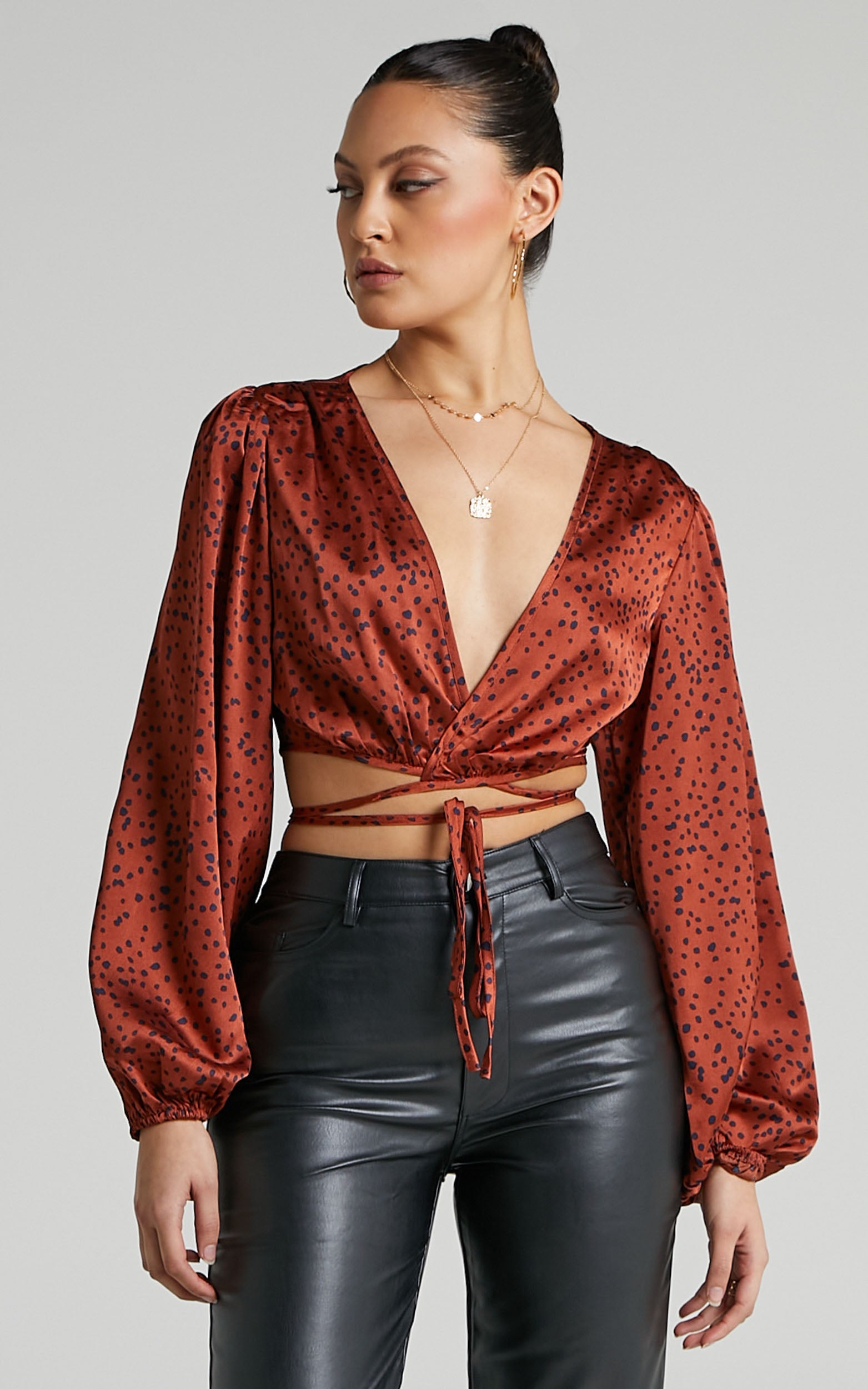 Cressy Top - Long Sleeve Wrap Tie Top in Copper Spot
