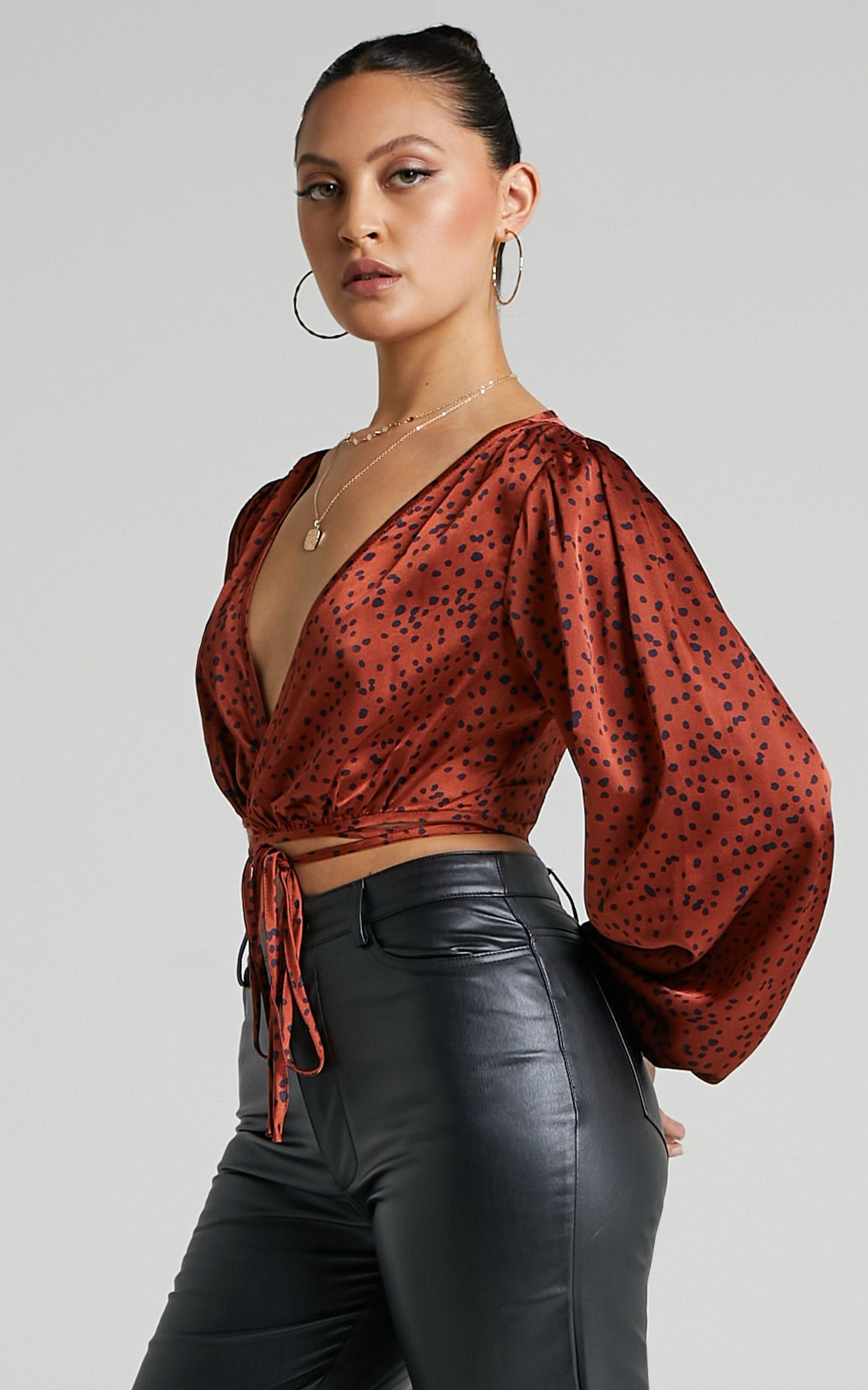Cressy Top - Long Sleeve Wrap Tie Top in Copper Spot