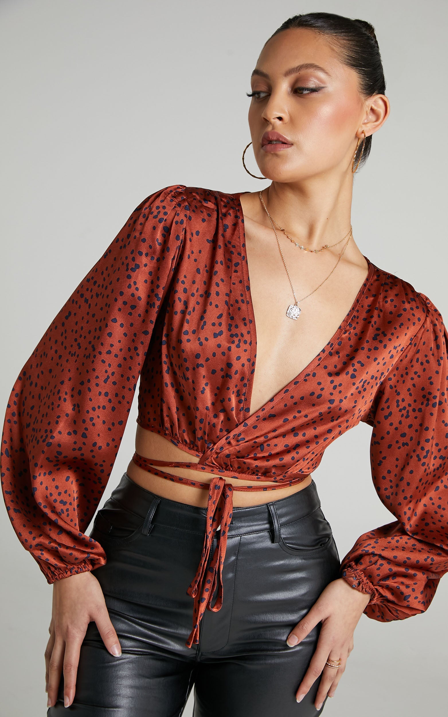 Cressy Top - Long Sleeve Wrap Tie Top in Copper Spot