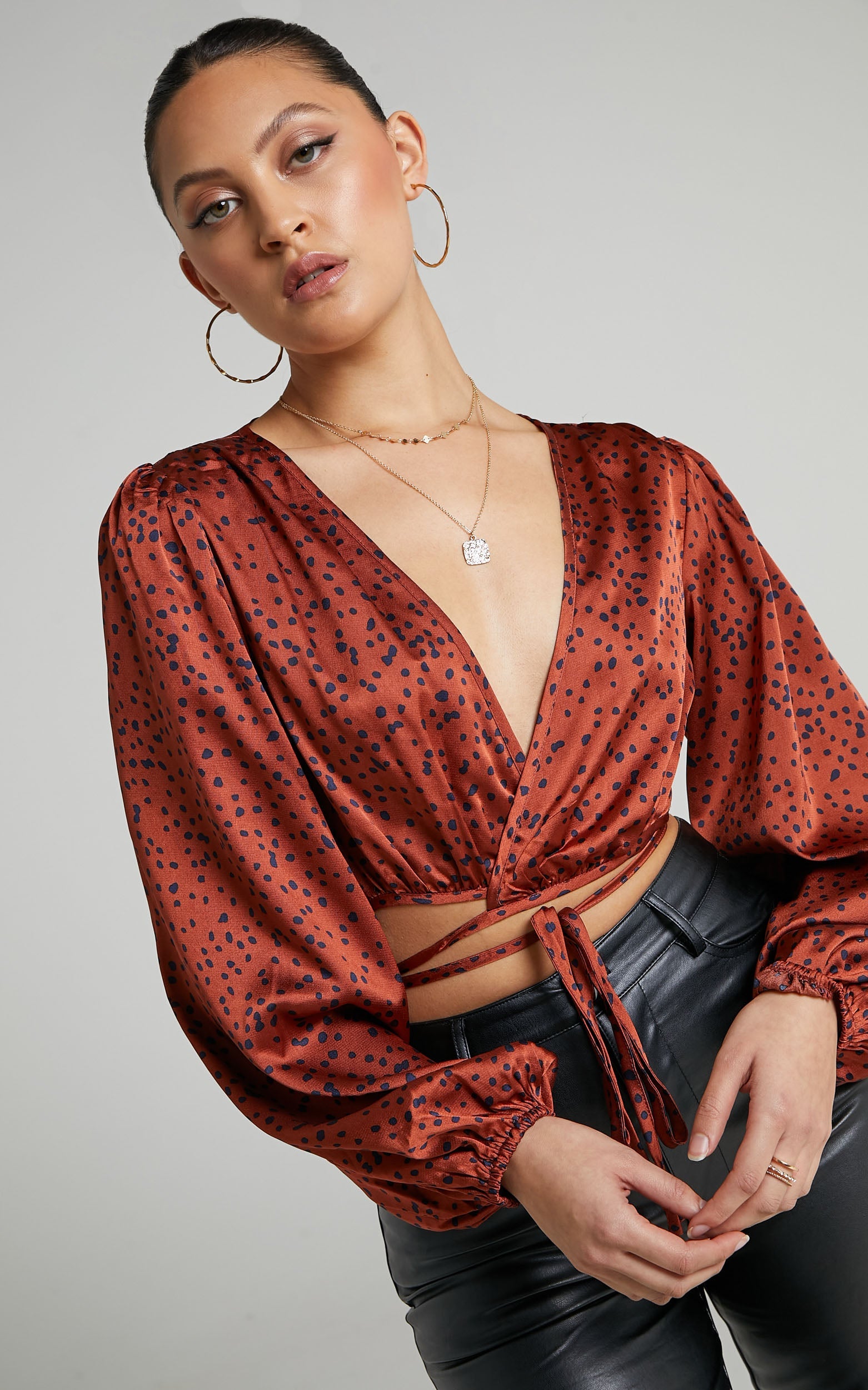 Cressy Top - Long Sleeve Wrap Tie Top in Copper Spot