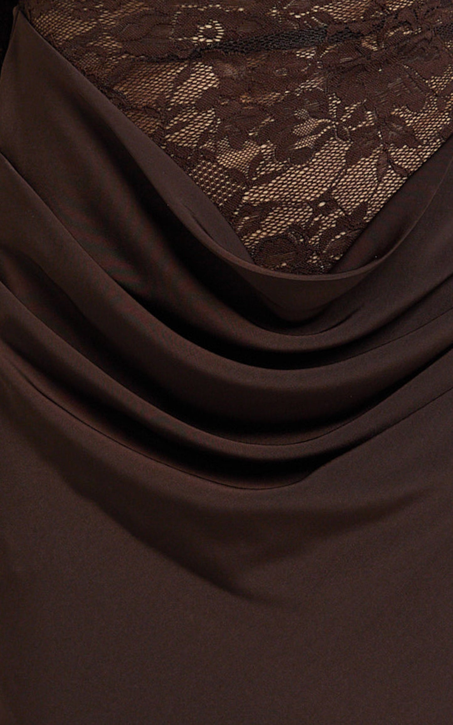 Crisanta Maxi Dress - Long Sleeve Contrast Lace Bodycon Dress in Chocolate
