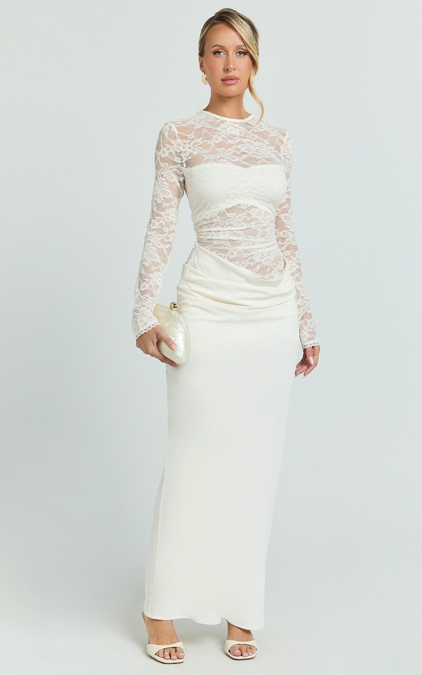 Crisanta Maxi Dress - Long Sleeve Contrast Lace Bodycon Dress in Ivory