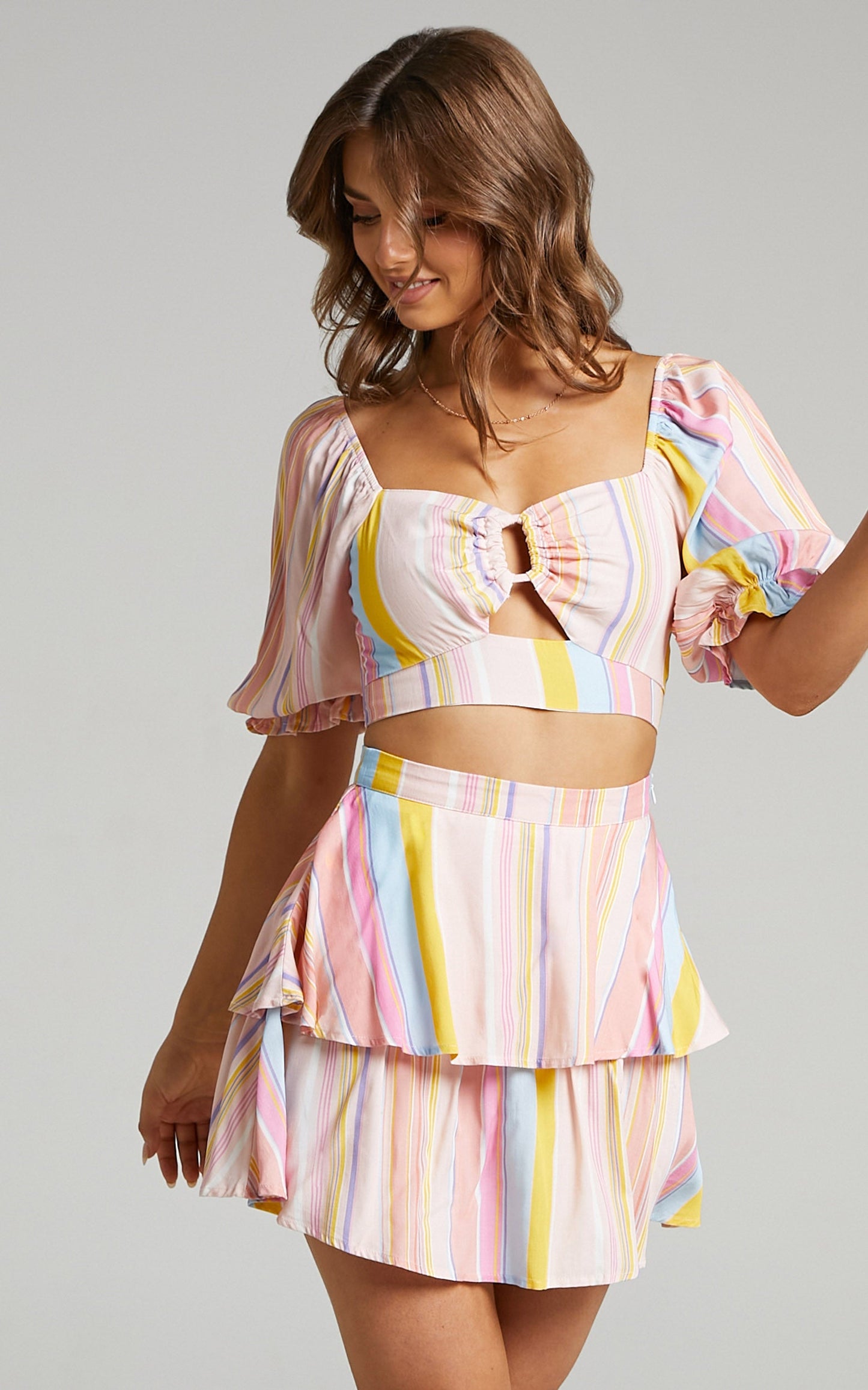 Khaia Top -  Puff Sleeve Keyhole Crop Top in Summer Multi Stripe