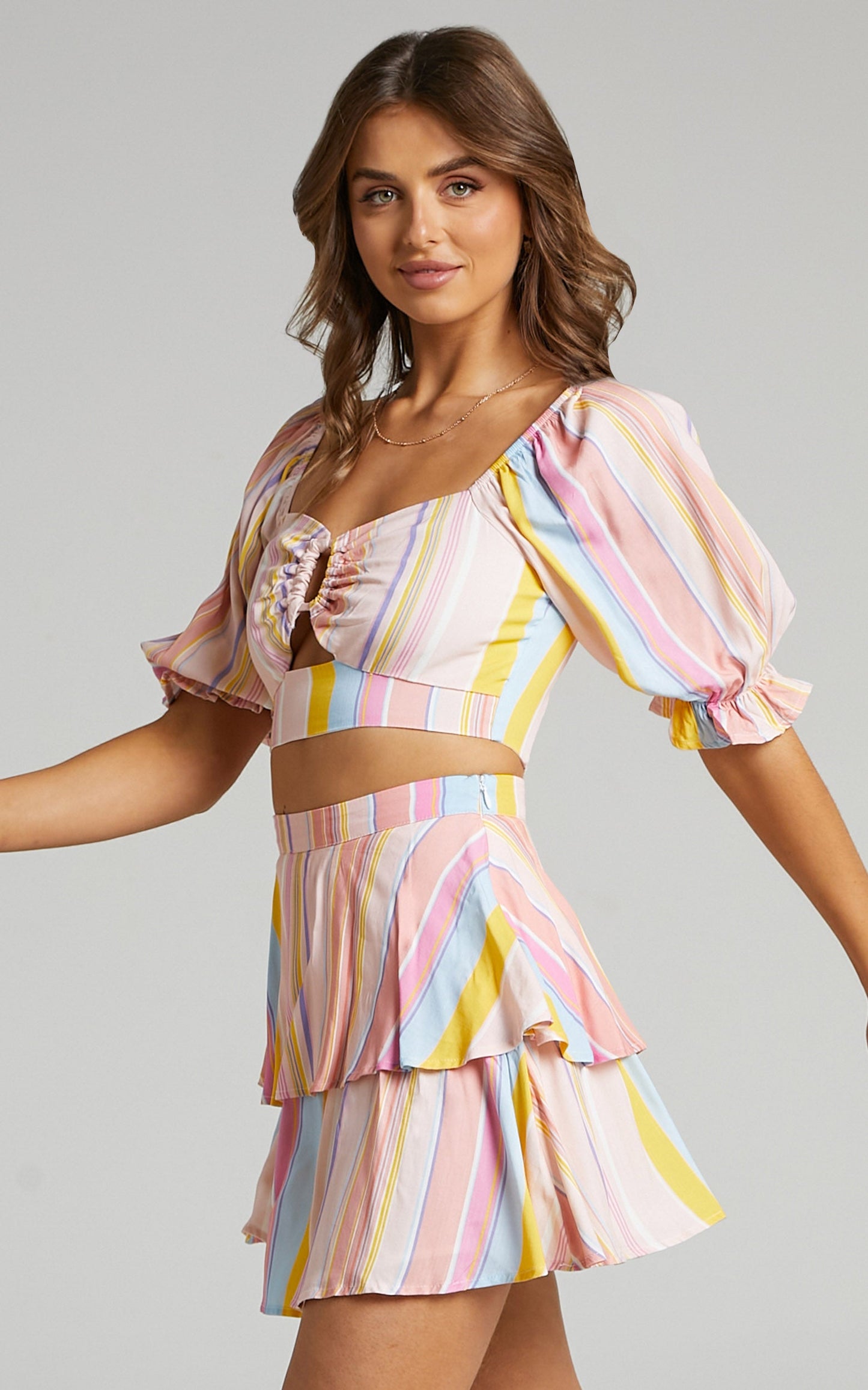 Khaia Top -  Puff Sleeve Keyhole Crop Top in Summer Multi Stripe