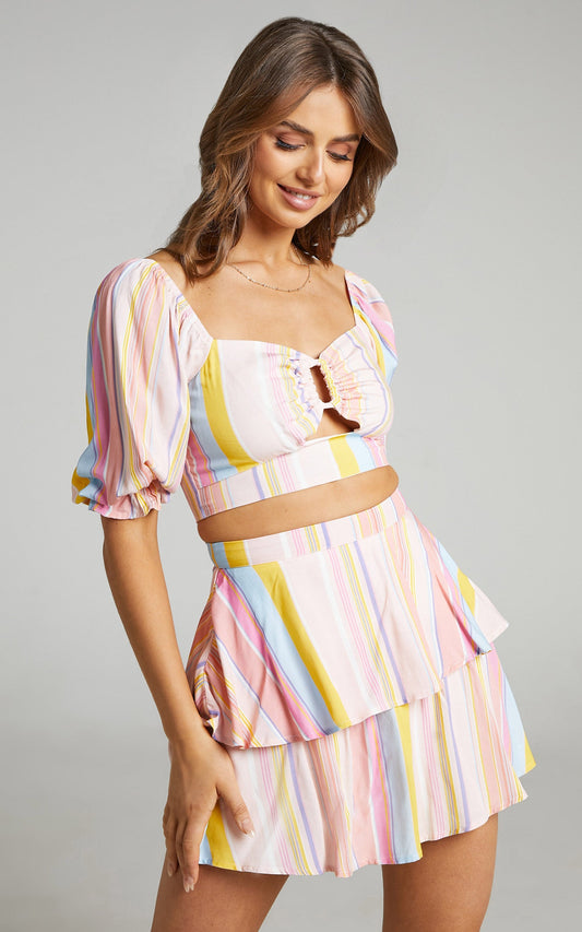Khaia Top -  Puff Sleeve Keyhole Crop Top in Summer Multi Stripe