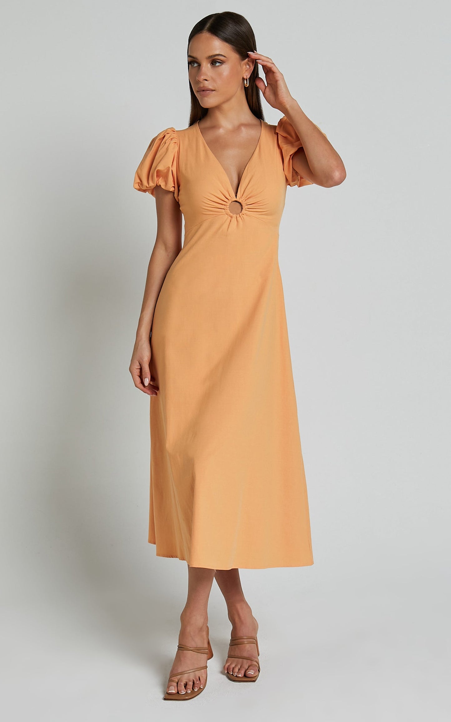 Cruz Midi Dress - Puff Sleeve Ring Cut Out Dress in Sherbet