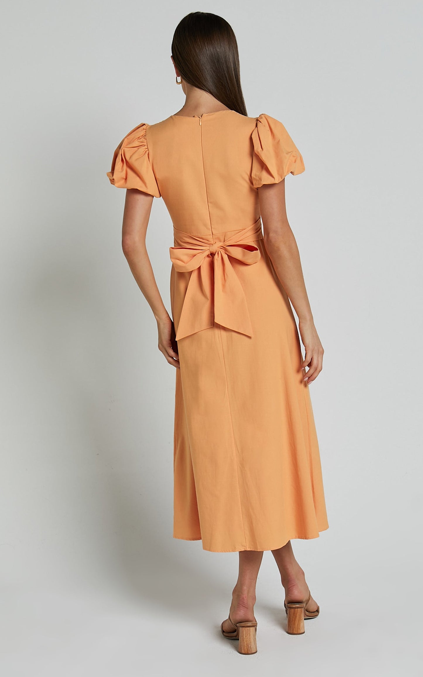 Cruz Midi Dress - Puff Sleeve Ring Cut Out Dress in Sherbet