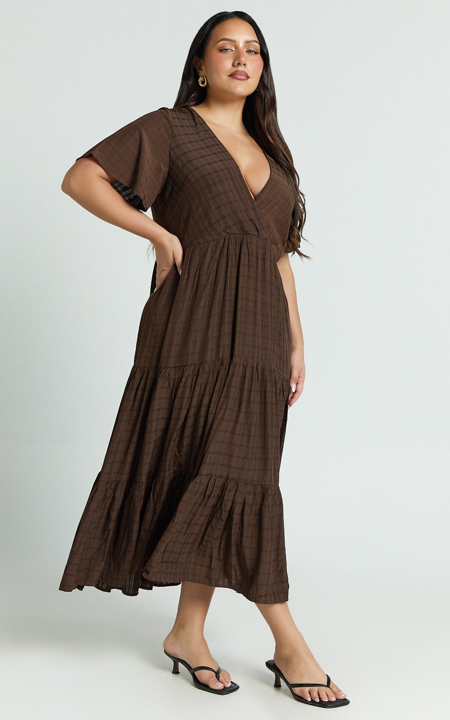 Cryzel Midi Dress - Flutter Sleeve Tiered Dress in Chocolate