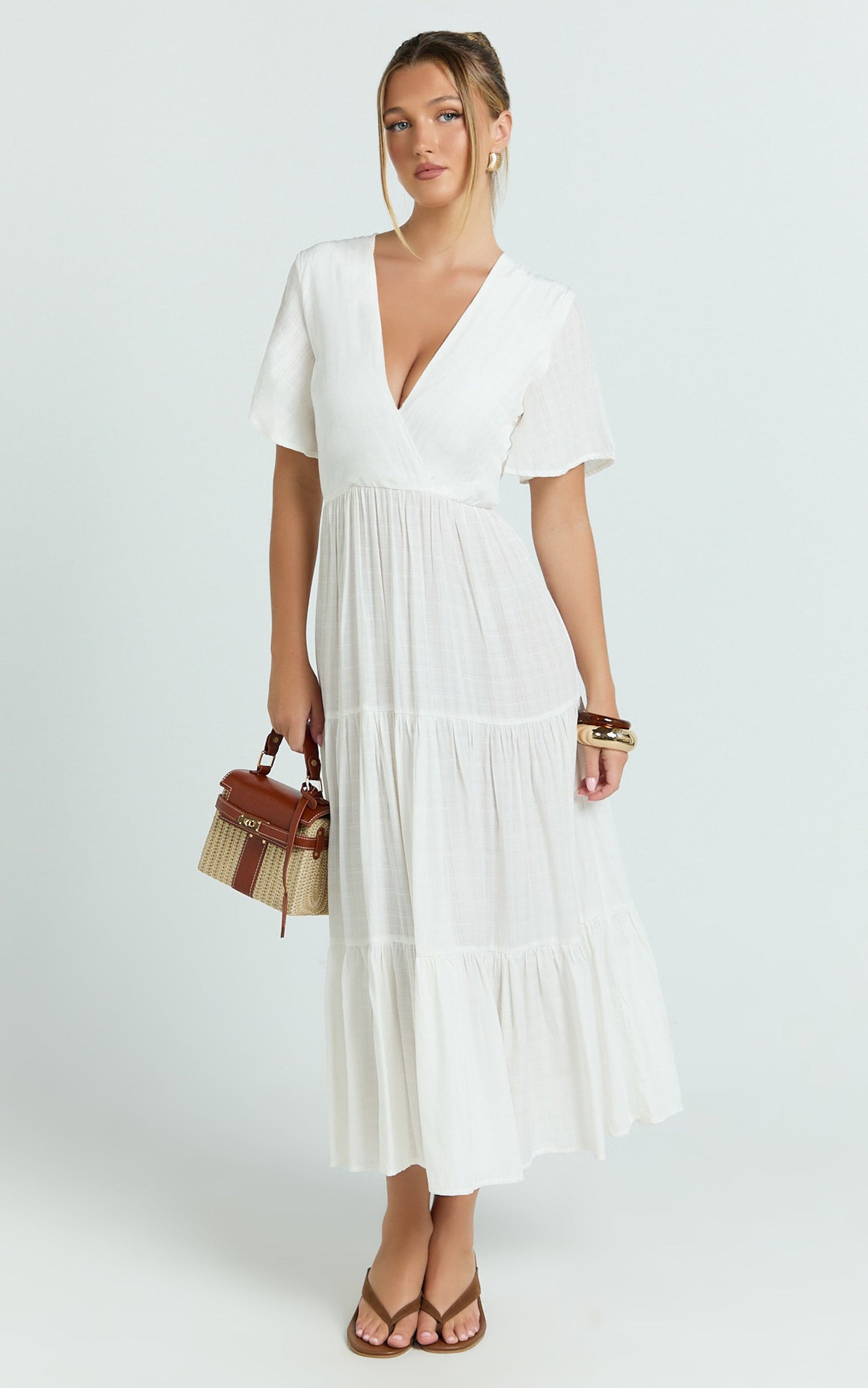 Cryzel Midi Dress - Flutter Sleeve Tiered Dress in White