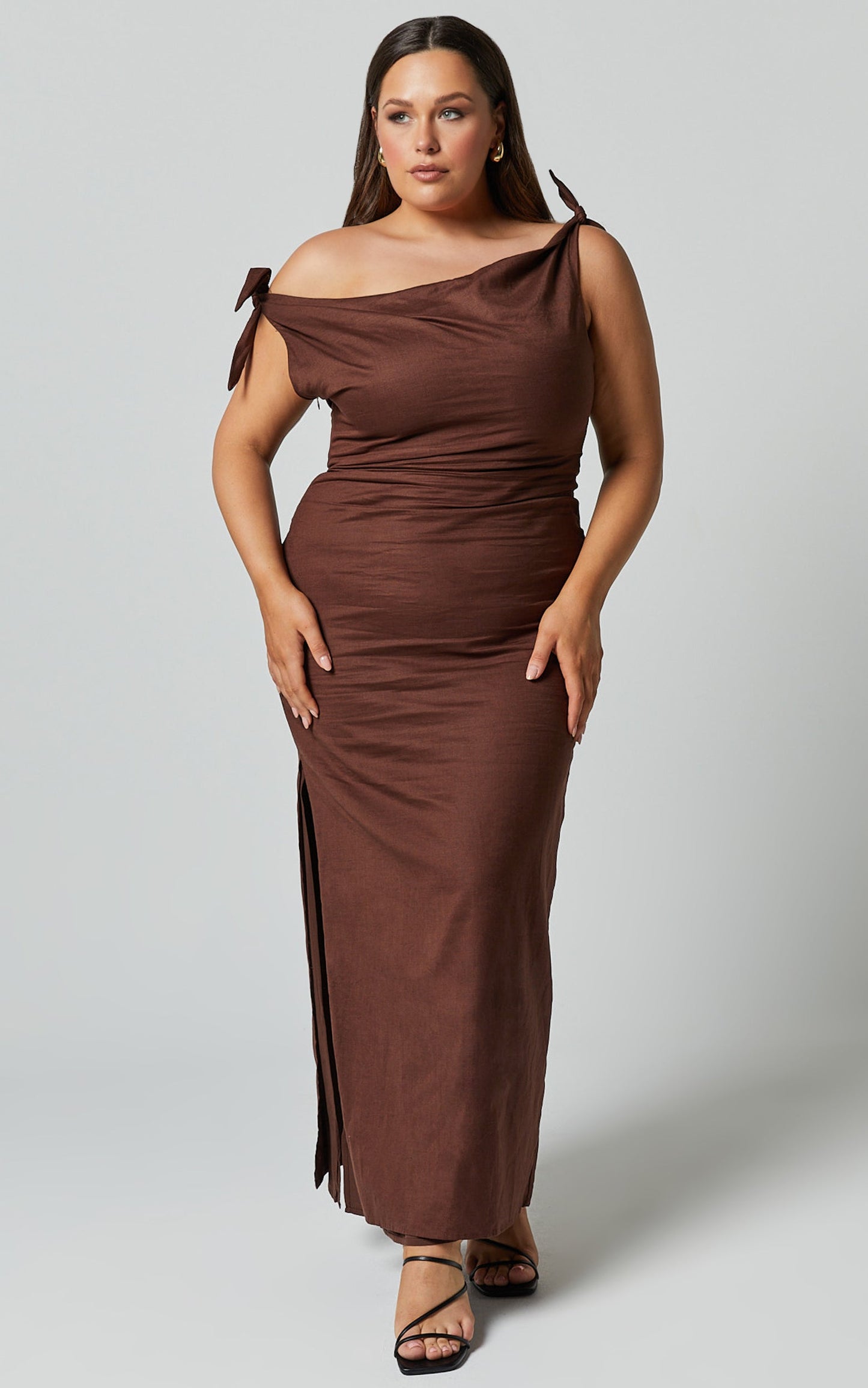 Cincinnati Midi Dress - Off The Shoulder Side Split Column Linen Dress in Chocolate