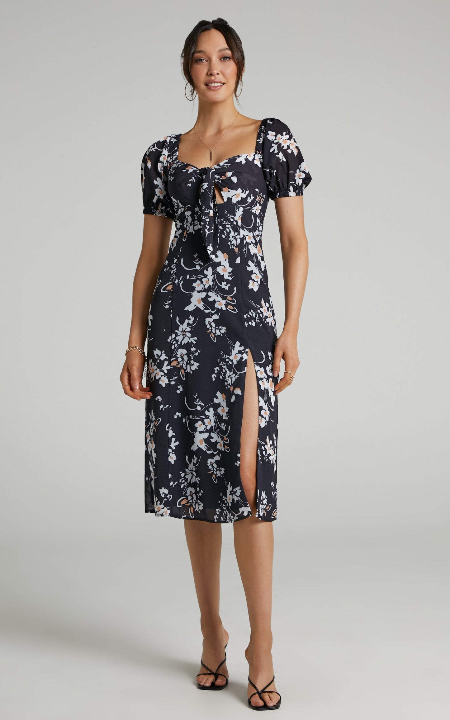 Cyia Midi Dress - Tie Bust with Leg Slit Dress in Black Floral