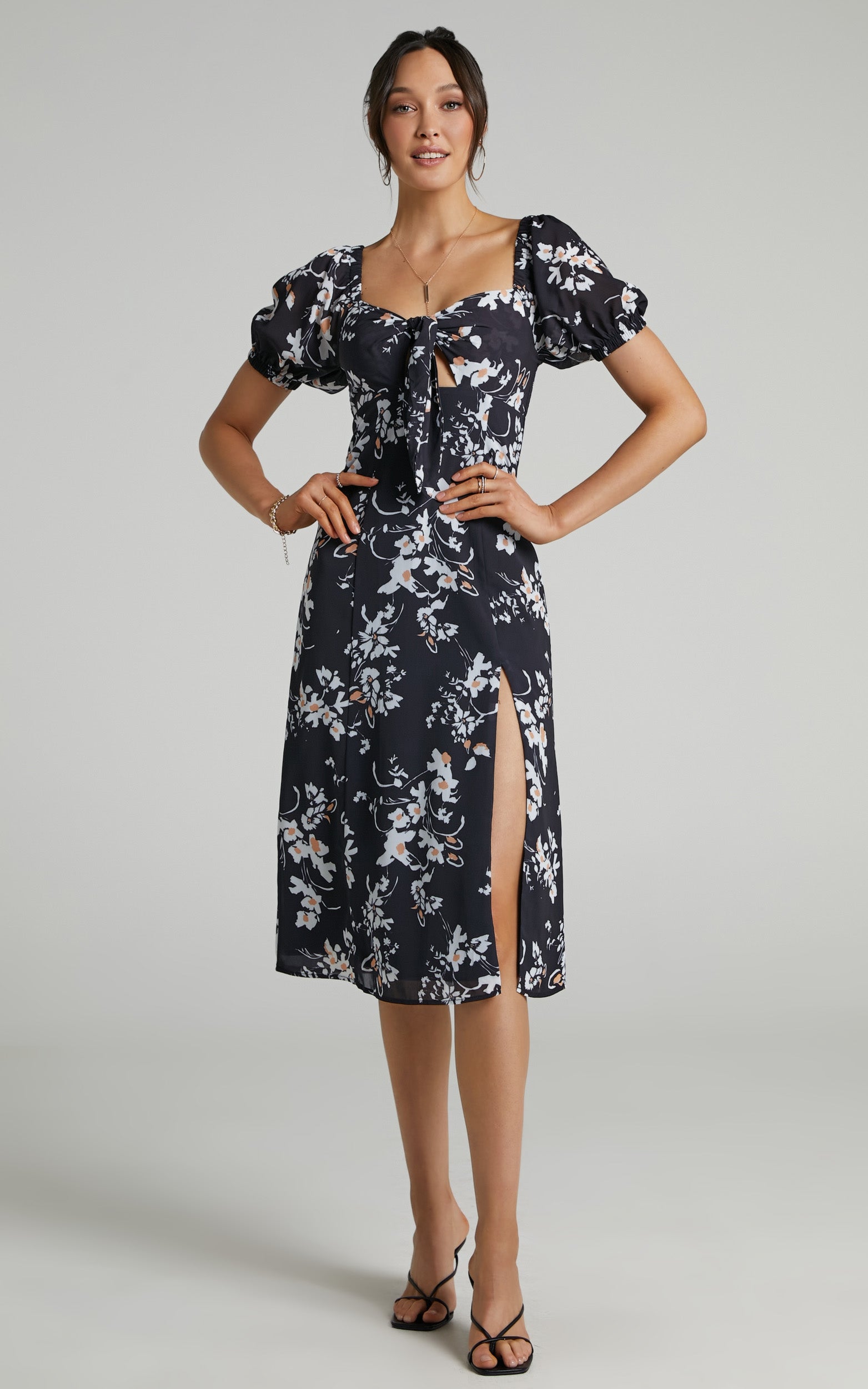 Cyia Midi Dress - Tie Bust with Leg Slit Dress in Black Floral