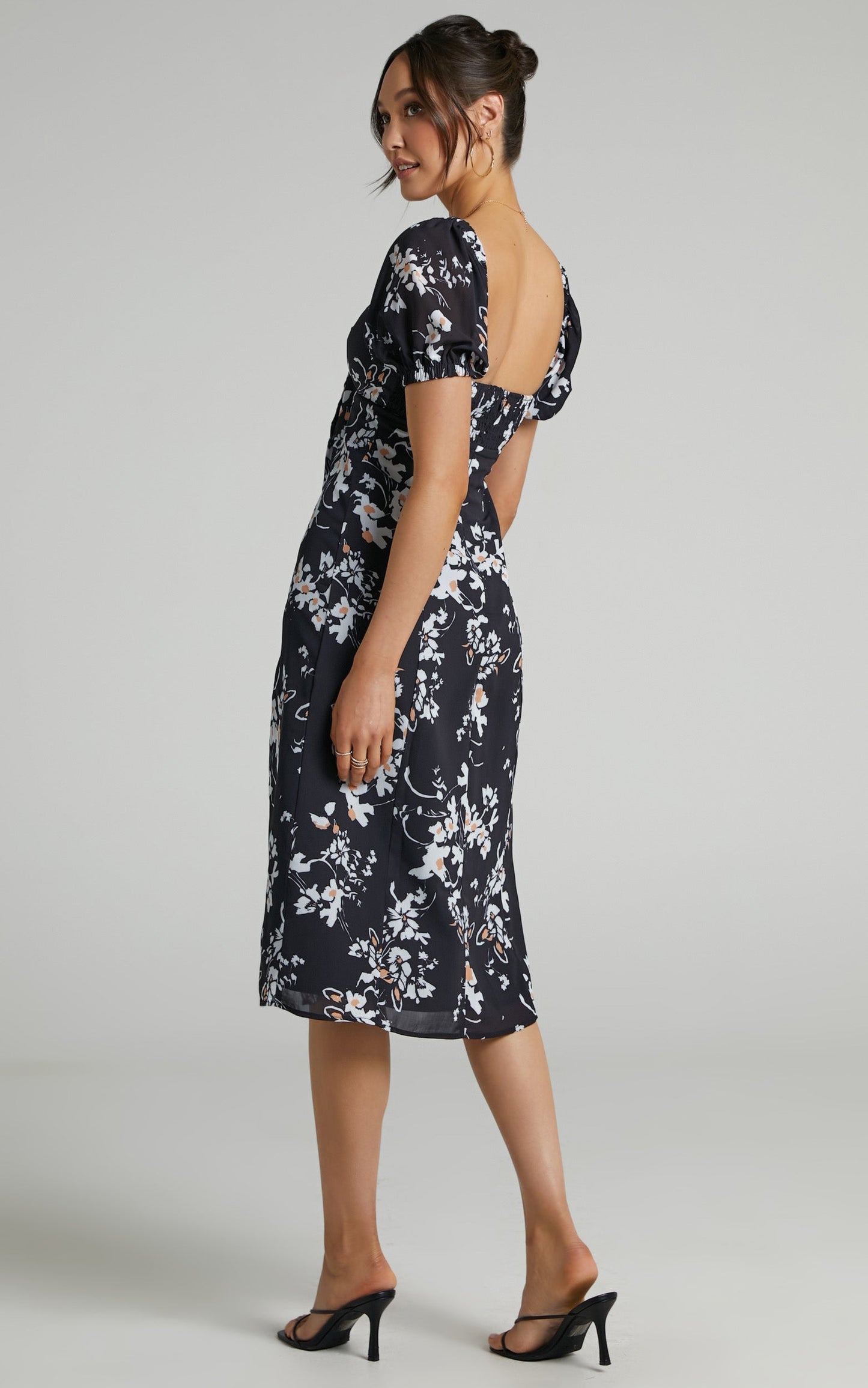 Cyia Midi Dress - Tie Bust with Leg Slit Dress in Black Floral