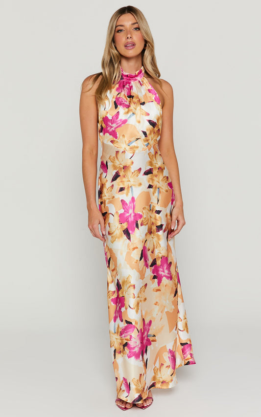 Cyra Midi Dress - Halter Neck Satin Bias Dress in Pink Floral