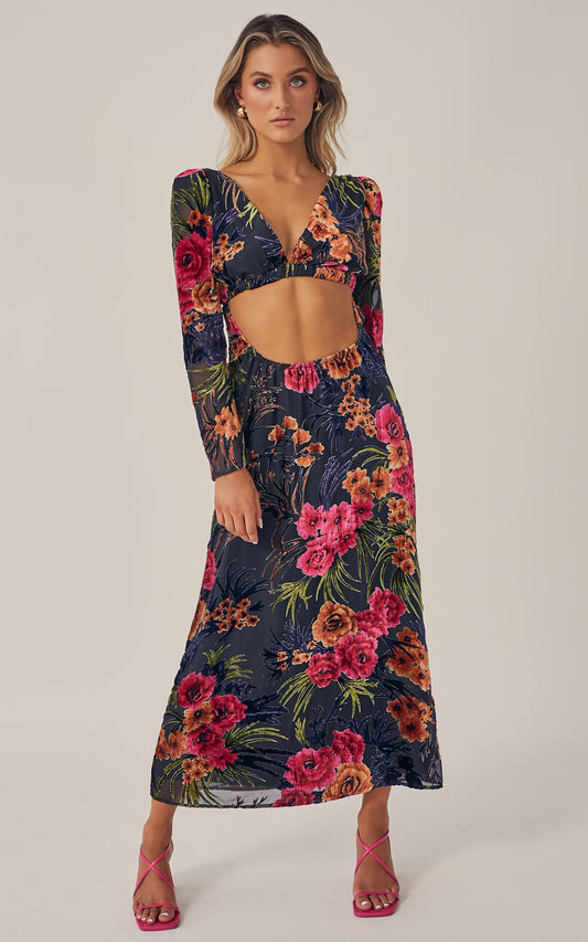 Danielle Bernstein - Cut Out Flocked Velvet Dress in Black Multi