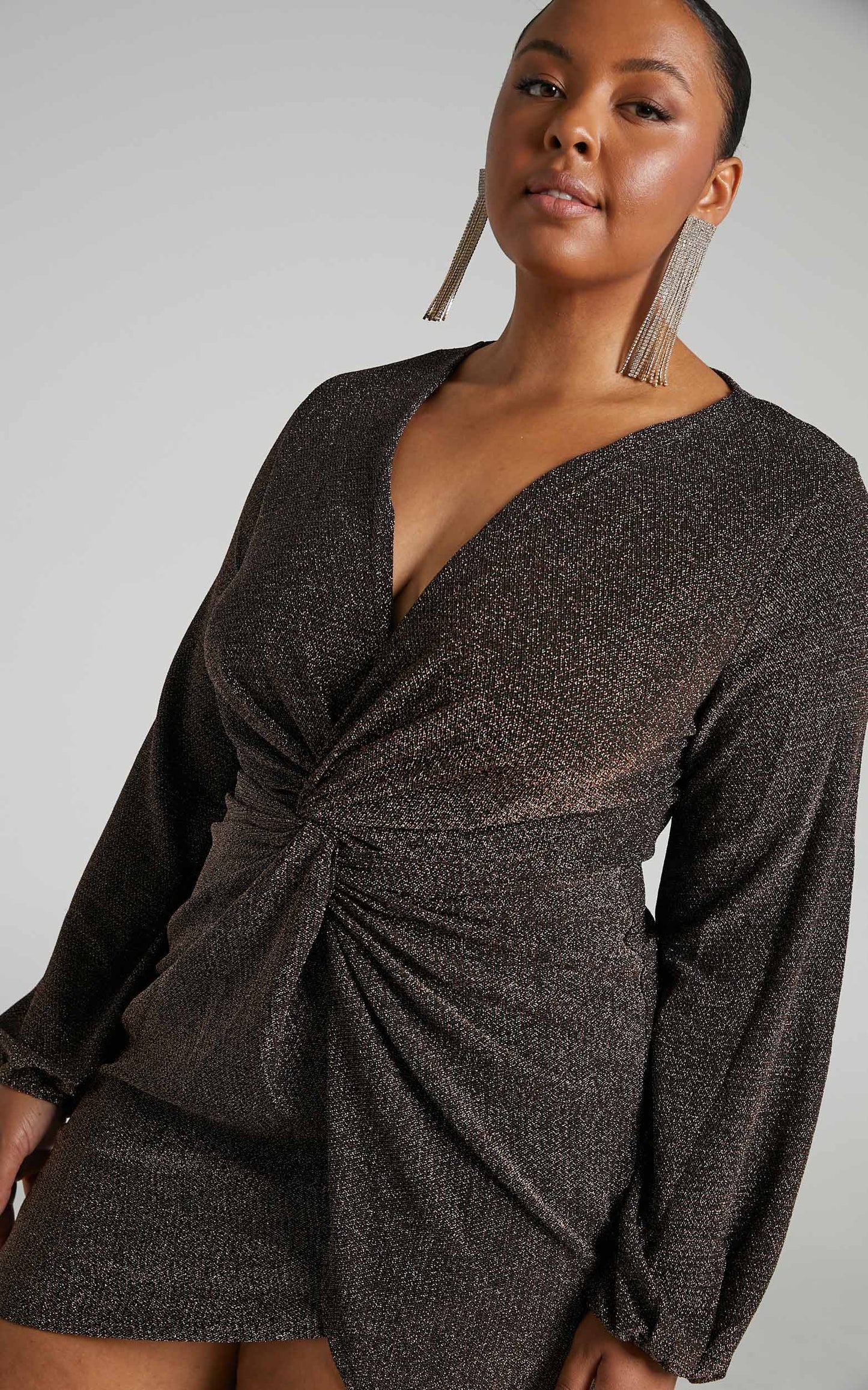 Mercia Mini Dress - Twist Front Long Sleeve Dress in Black