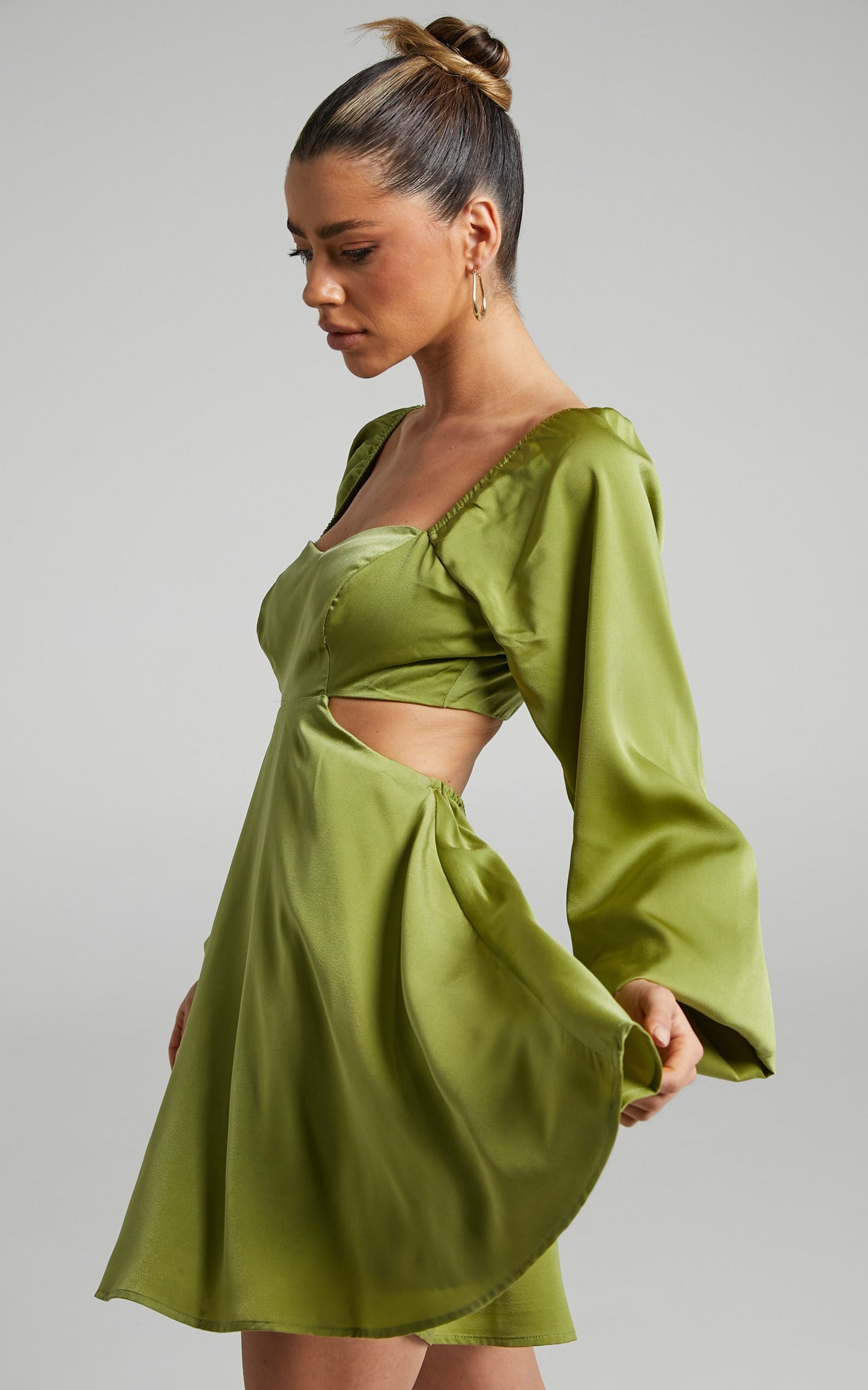 Dolci Mini Dress - Cut Out Long Sleeve Dress in Green