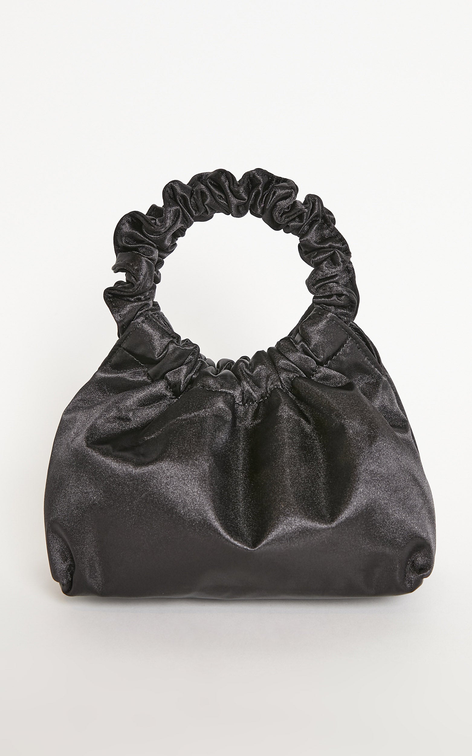 Dubai Satin Ruched Top Handle Bag in Black
