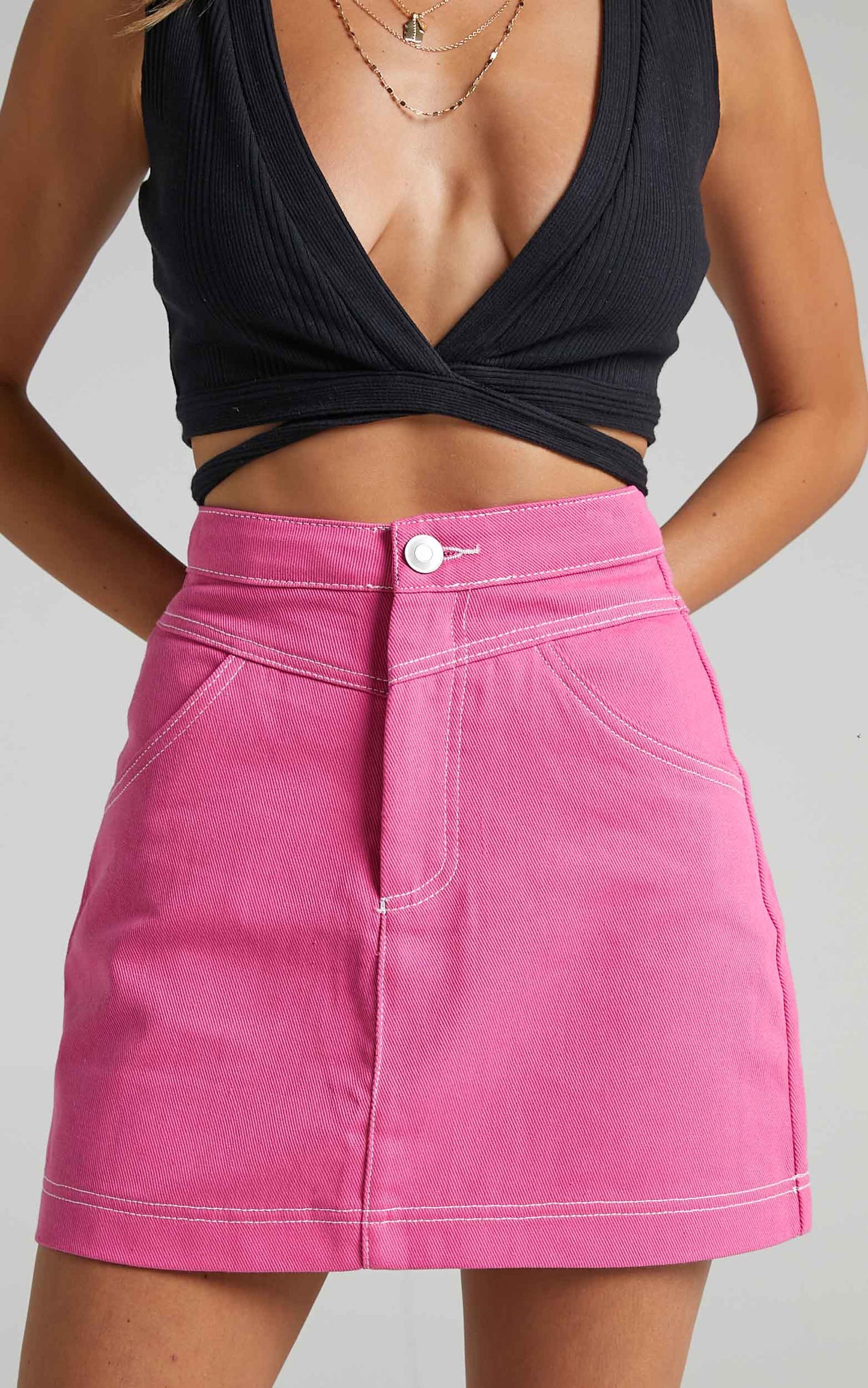 Dagmar Mini Skirt - Denim Skirt in Pink