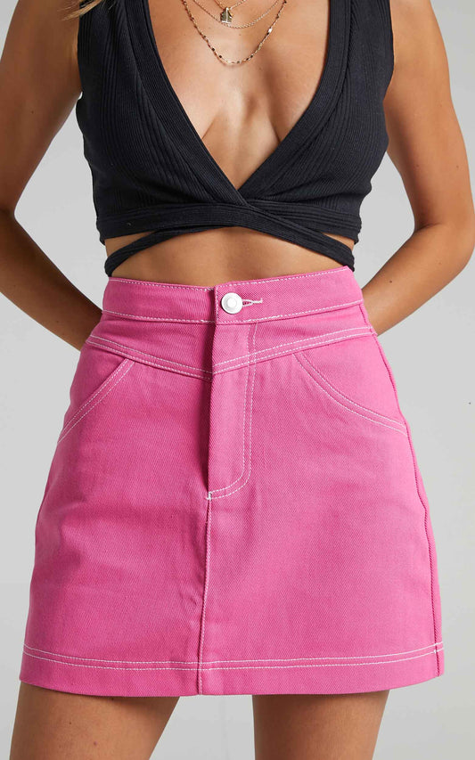 Dagmar Mini Skirt - Denim Skirt in Pink