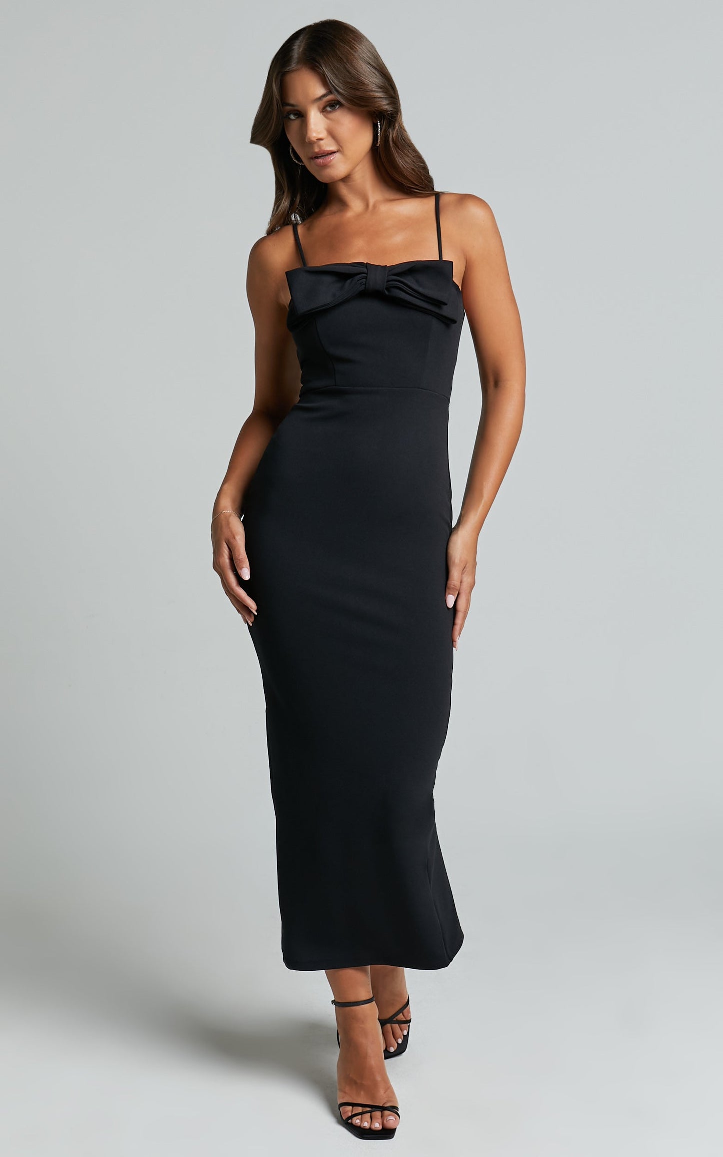 Dahlia Midi Dress - Bow Square Neck Dress in Black