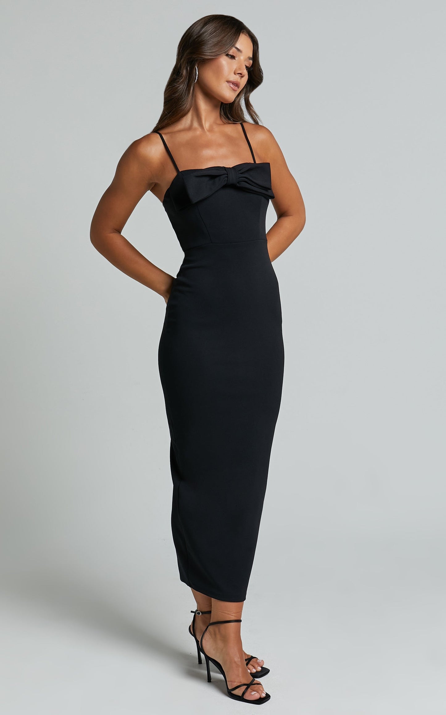 Dahlia Midi Dress - Bow Square Neck Dress in Black