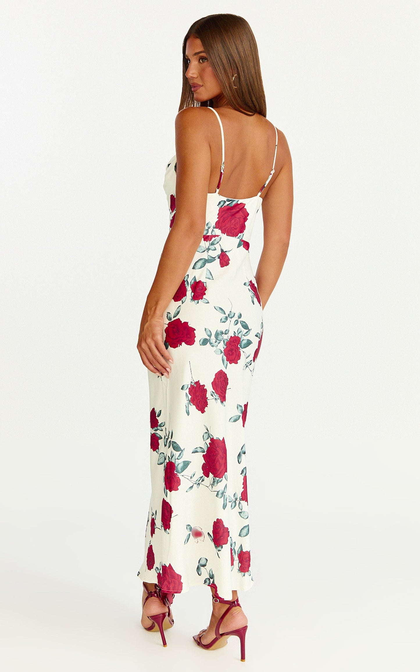 Dahlia Midi Dress - Cowl Neck A Line Dress in Scarlet Rose Print