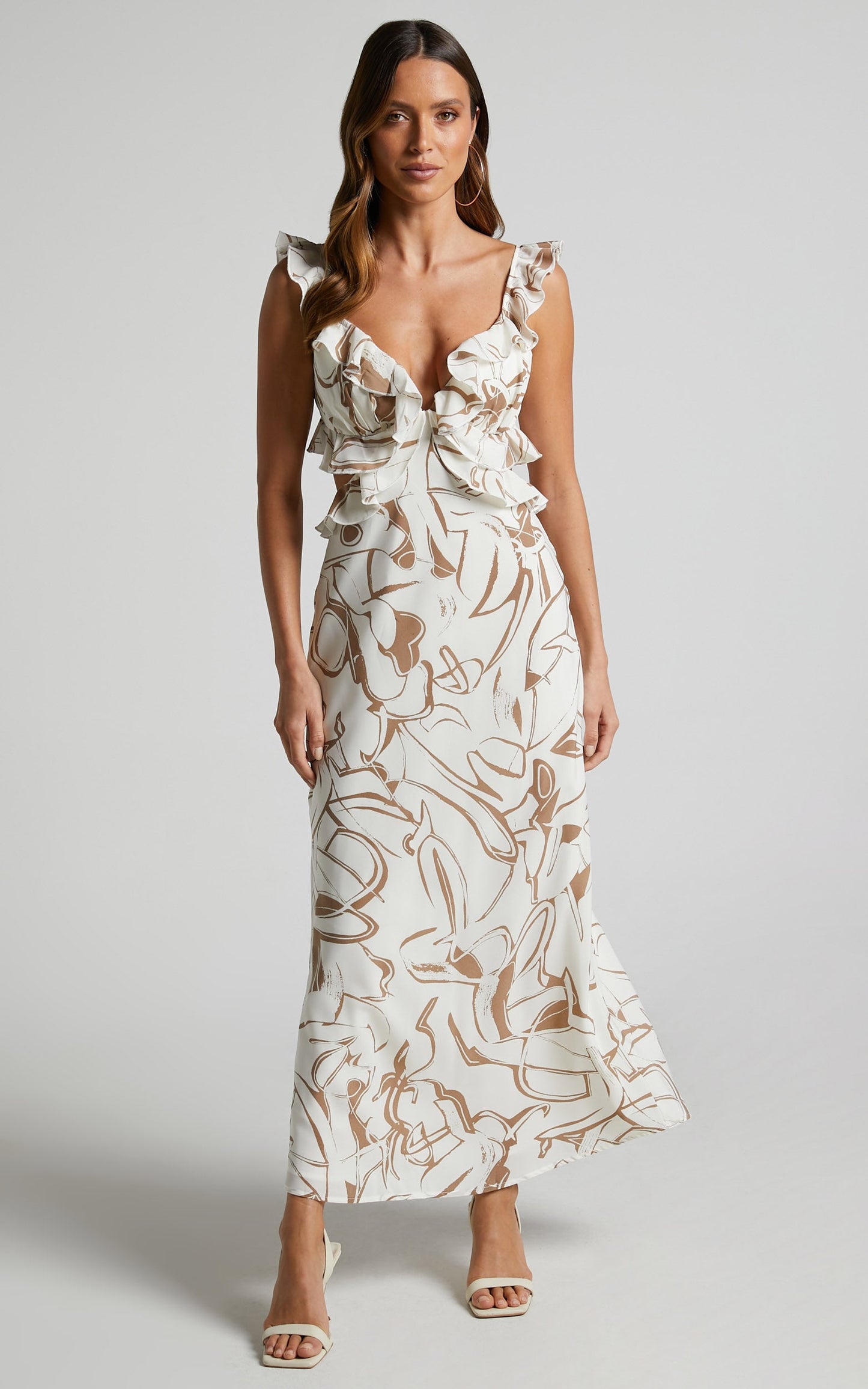 Dahlia Midi Dress - Ruffle Details Slip Dress in Beige Swirl