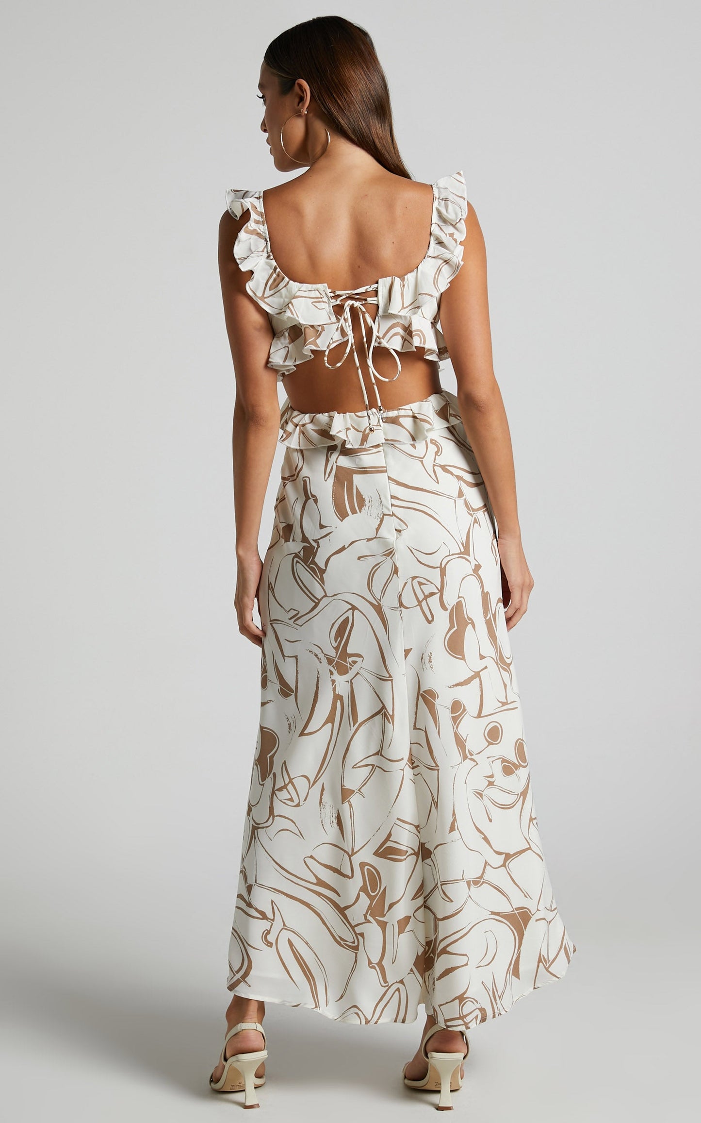 Dahlia Midi Dress - Ruffle Details Slip Dress in Beige Swirl