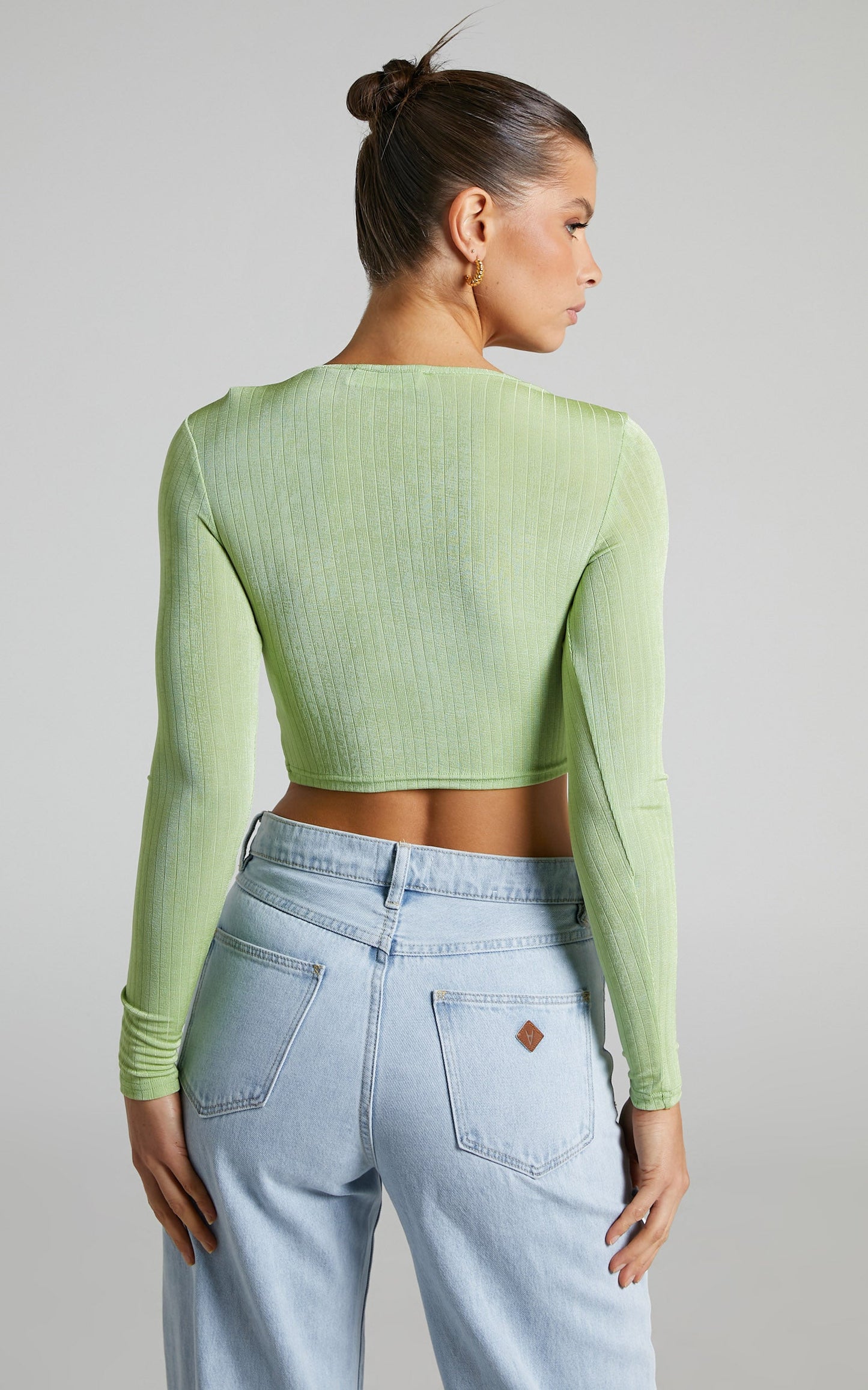 Daisey Tie Front Long Sleeve Crop Top in Celery