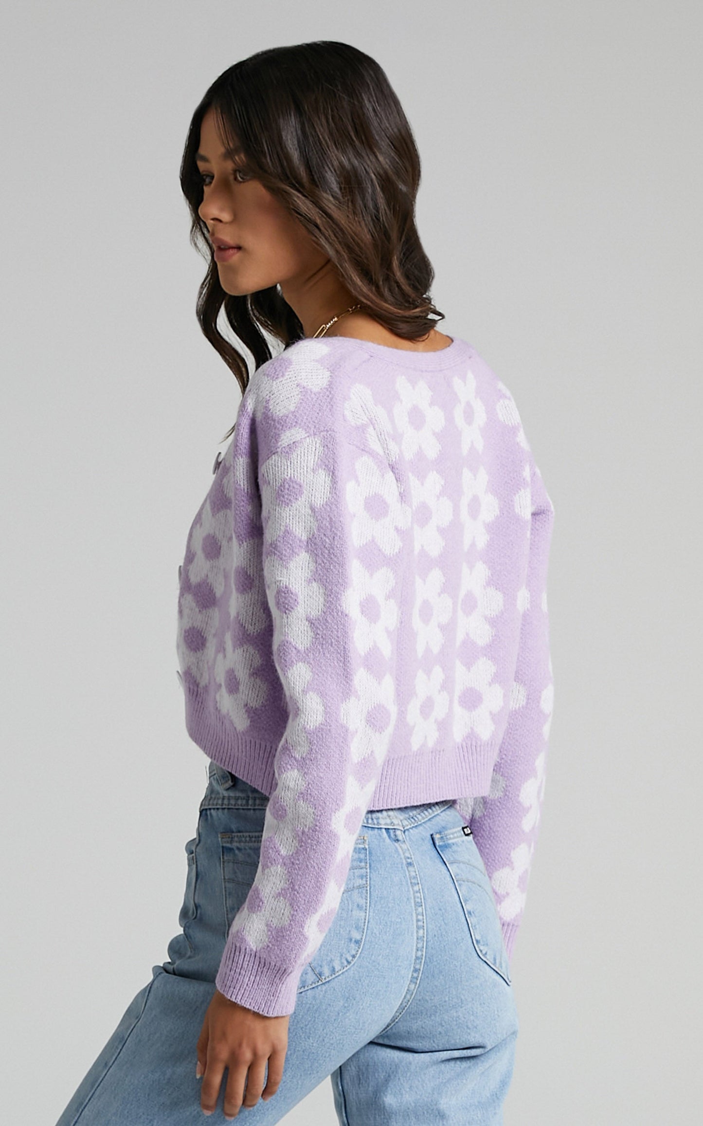 Daisy Flowers Button Up Knit Cardigan in Lilac Lilac