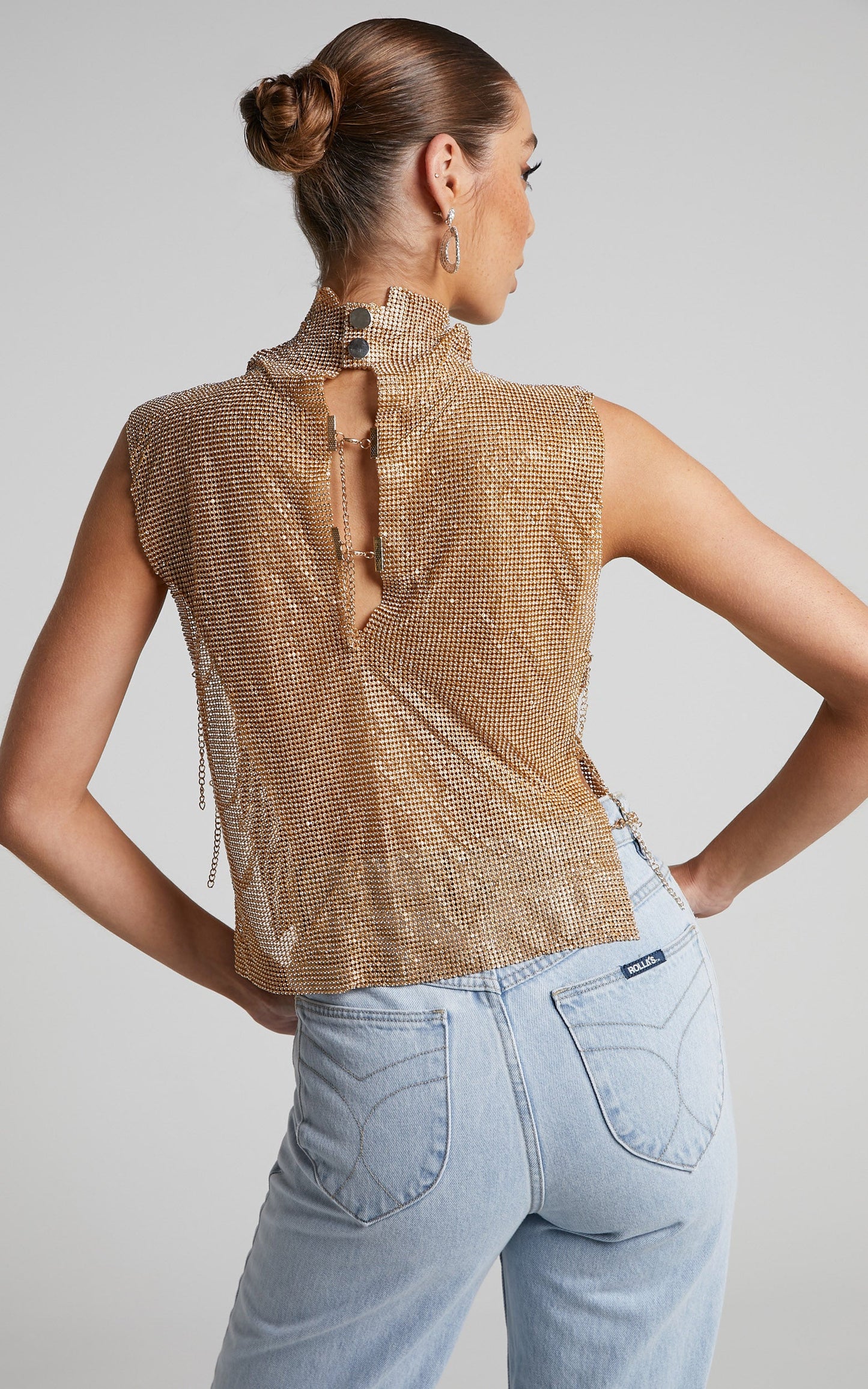 Dalena Top - Sleeveless High Neck Mesh Chainmail Top in Gold