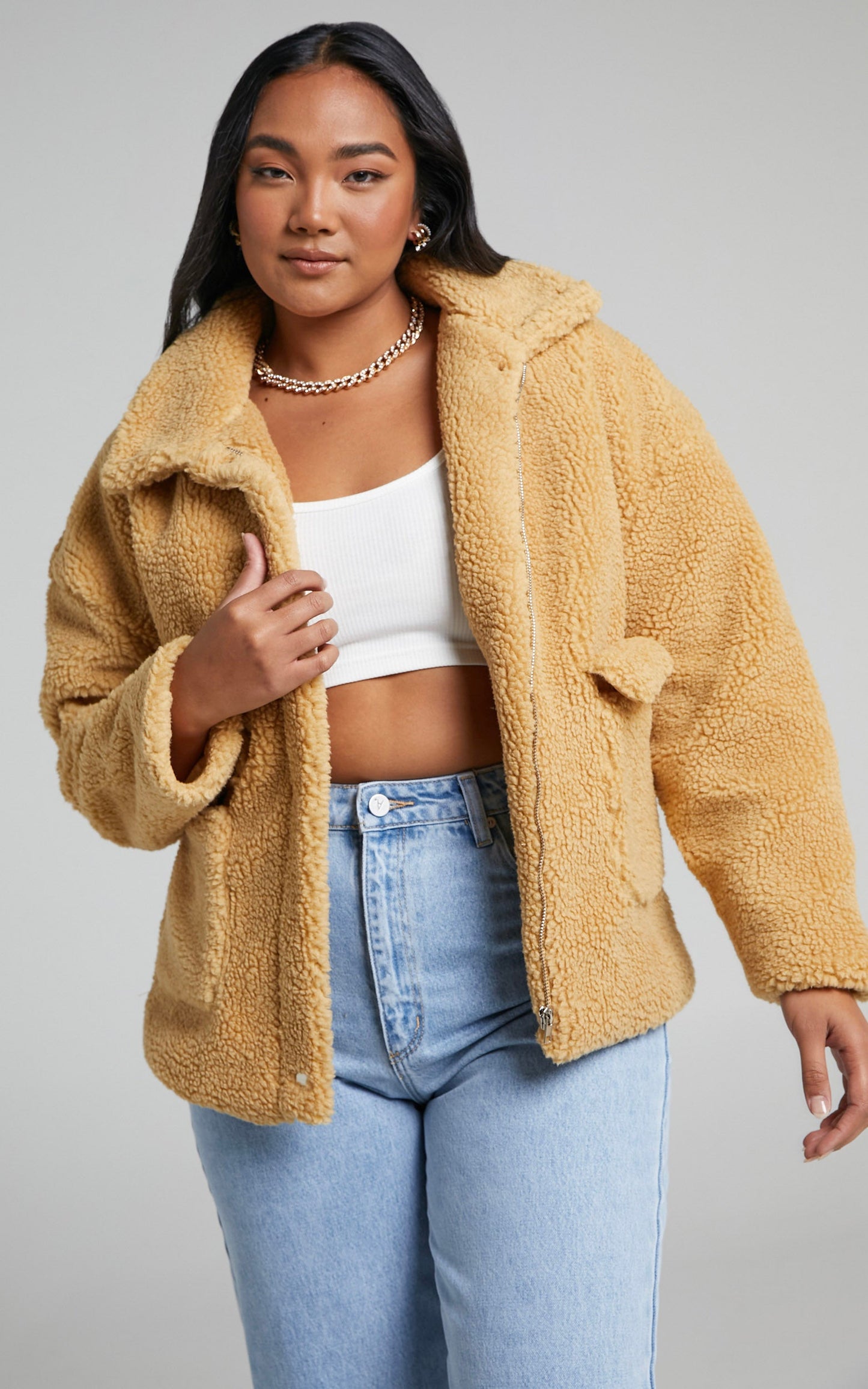Daneeka Oversized Teddy Jacket in Beige