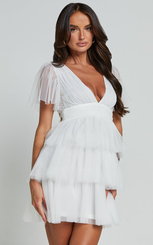 Danesa Mini Dress - Tulle Plunge Neck Short Flutter Sleeve Empire Waist Tiered Dress in White