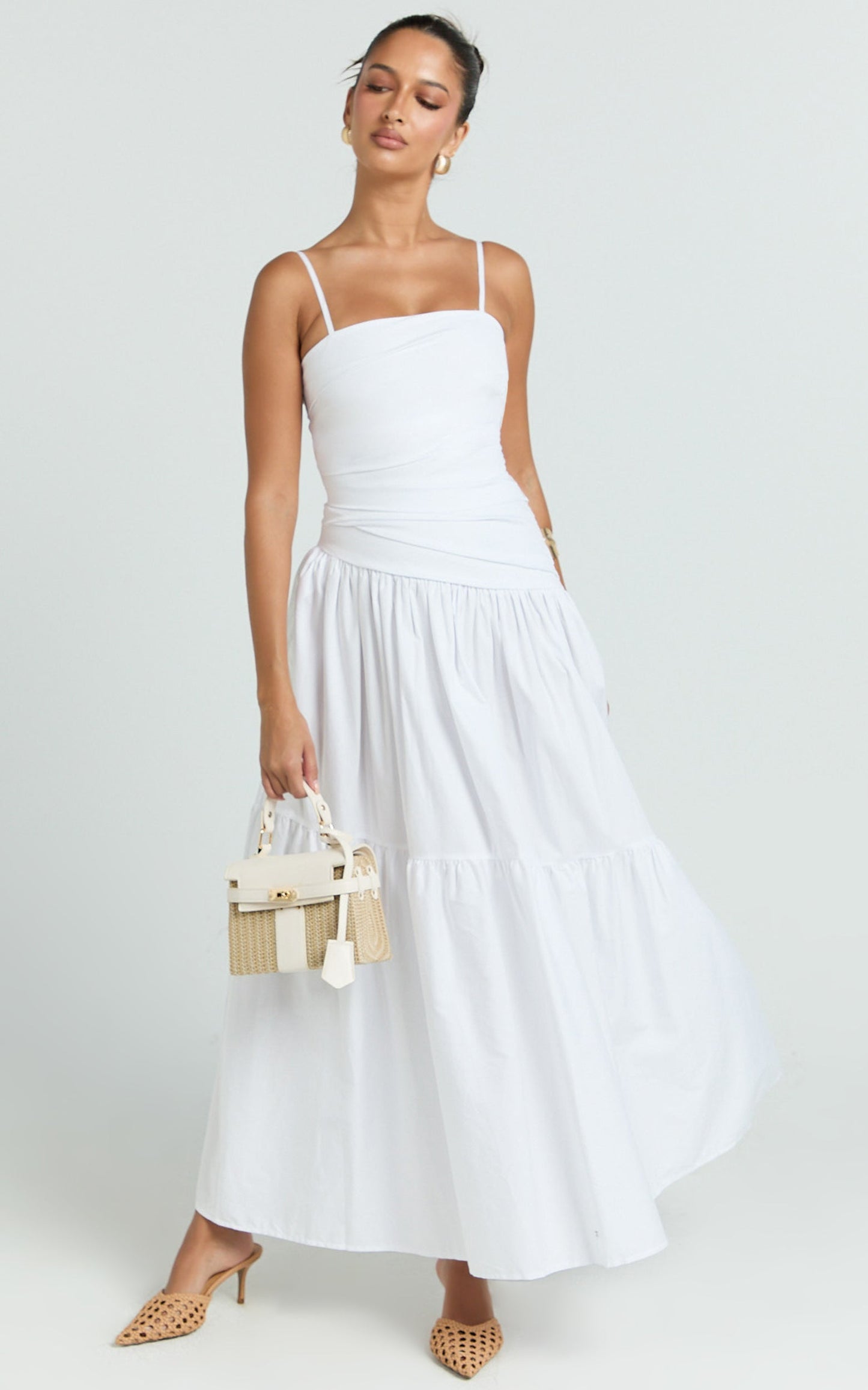 Dani Midi Dress - Aymertical Rushed Waiste Dress in White