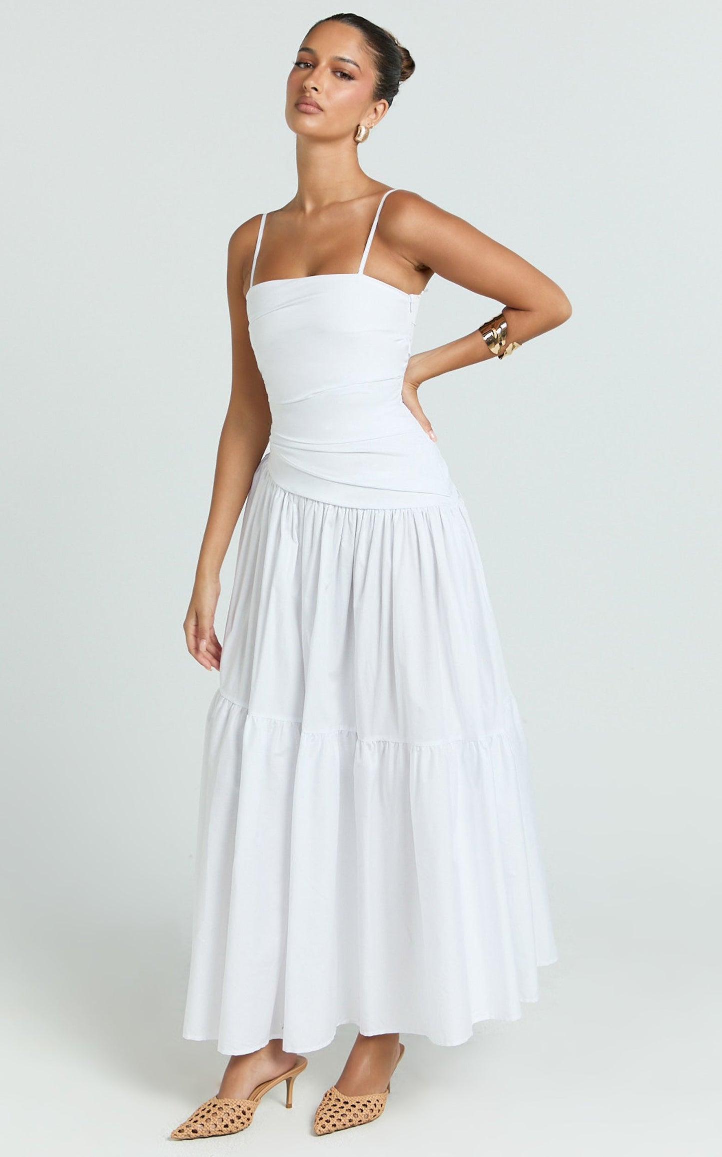 Dani Midi Dress - Aymertical Rushed Waiste Dress in White