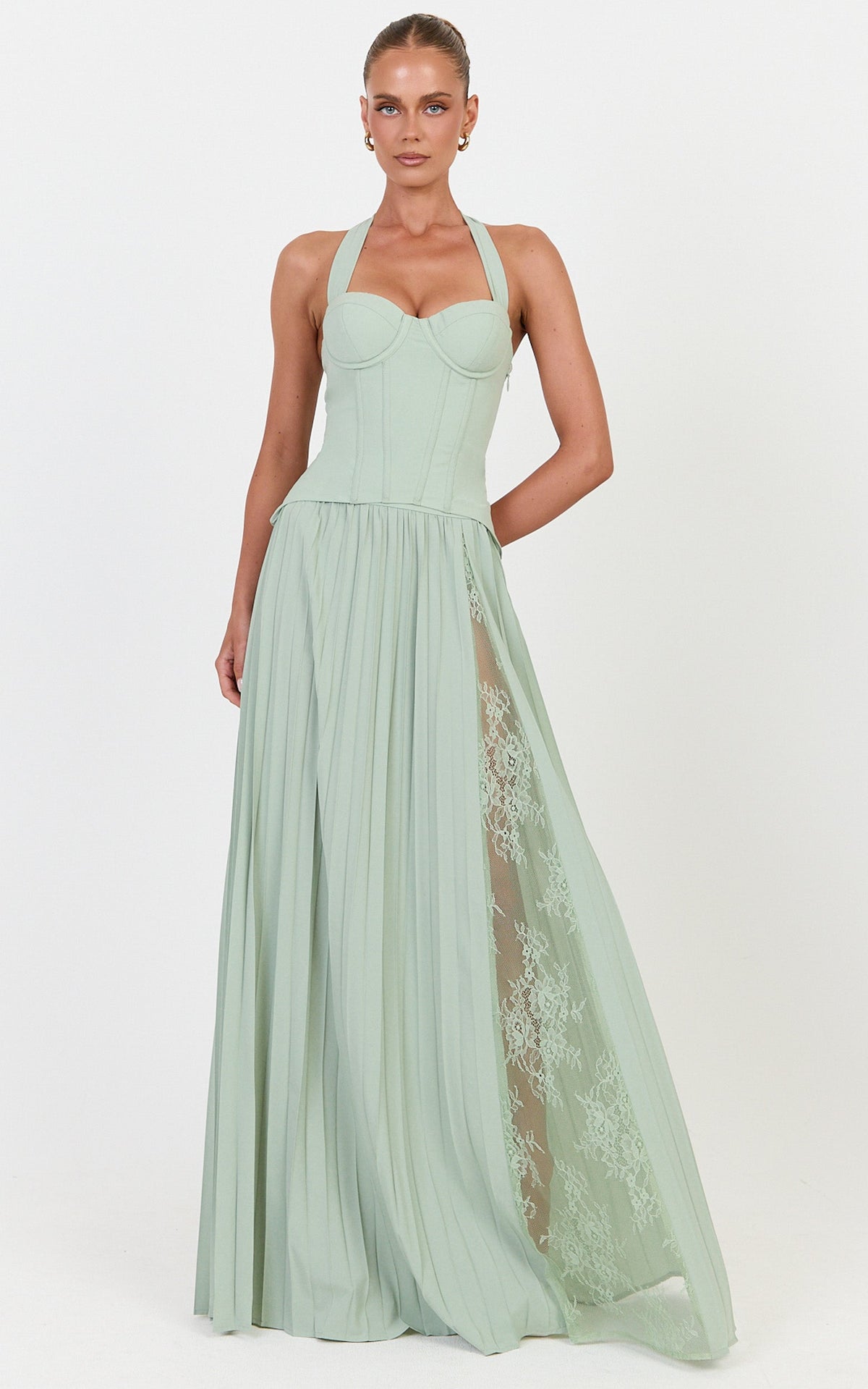 Dani Two Piece Top and Skirt Set - Corset Halter Top And Pleated Skirt Set in Green