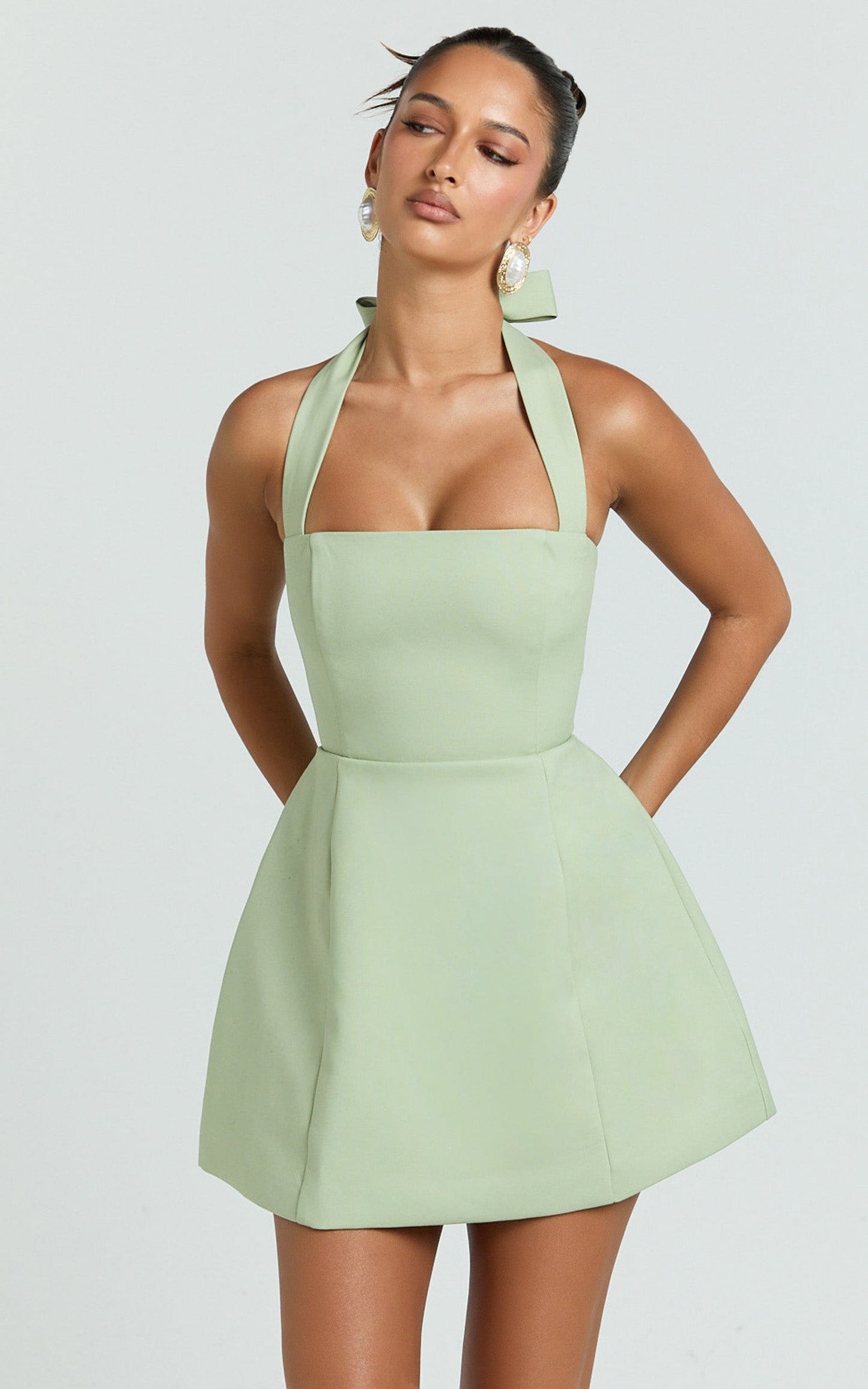 Dante Mini Dress - Halter Neck Tie Tulip Skirt Dress in Sage