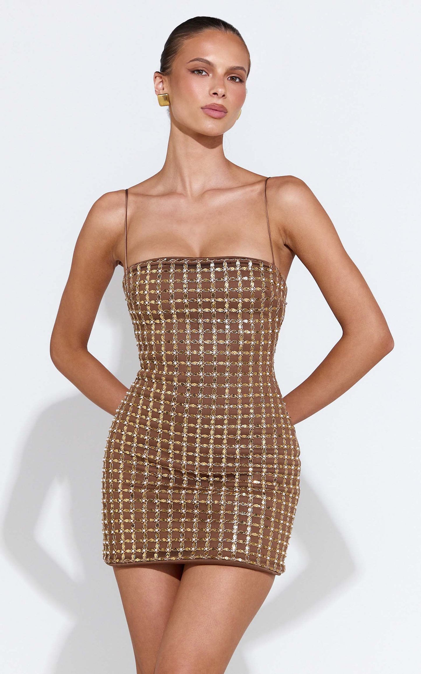 Daphne Mini Dress - Bodycon Sequin Embellished Dress in Gold