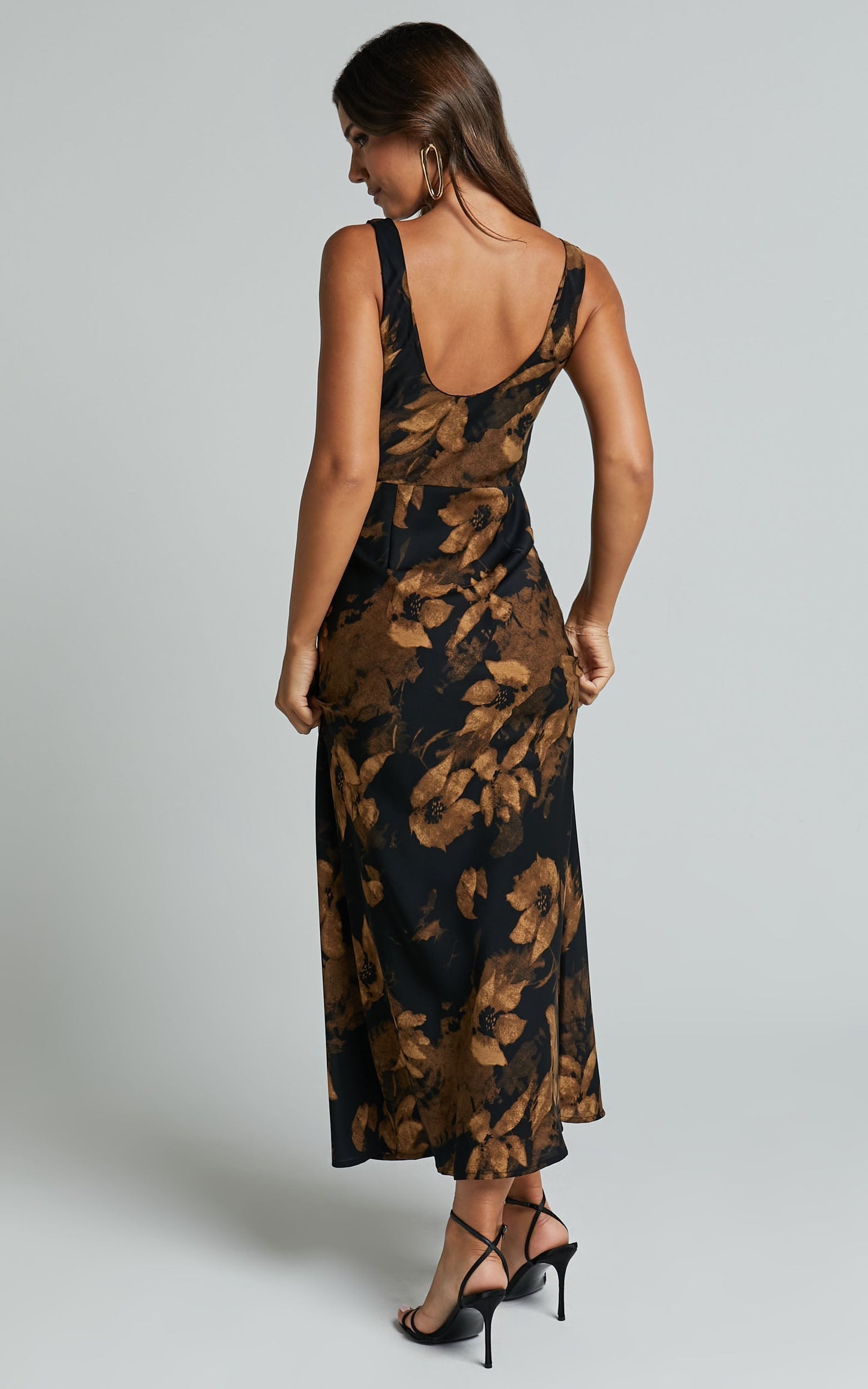 Dara Midi Dress - Low Neck Sleeveless Slip Dress in Amber Floral Print