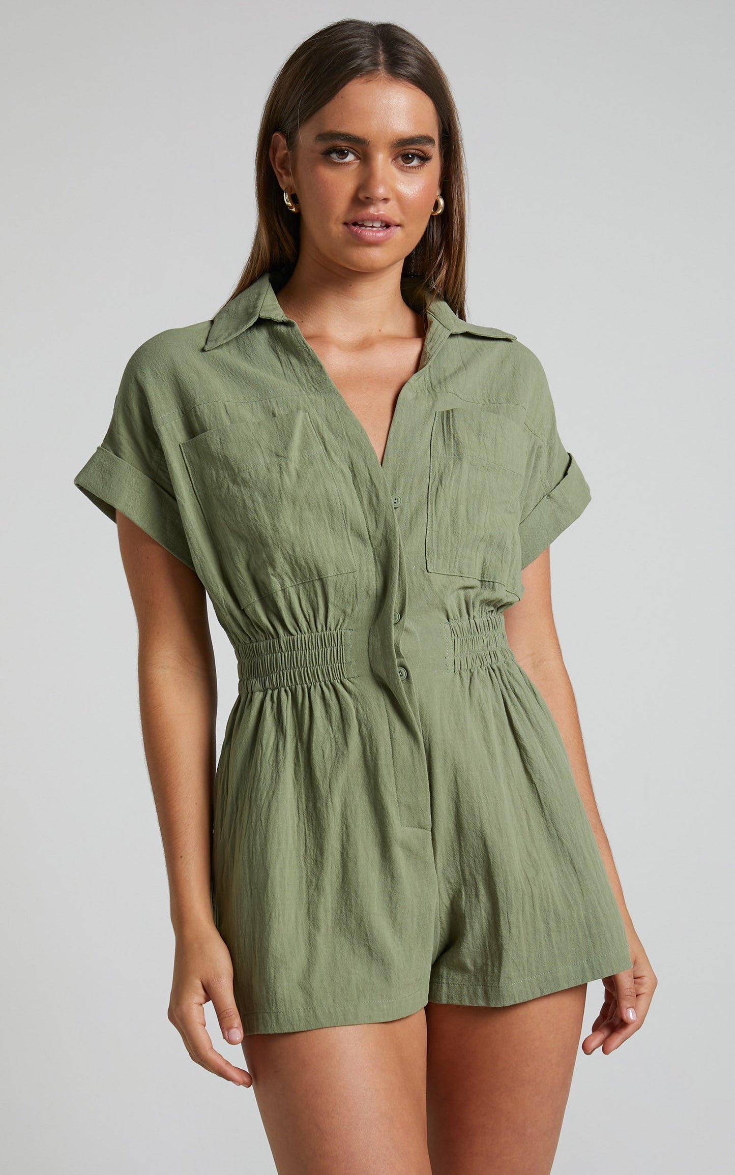 Daralyn Linen Blend Playsuit - Collared Button Down Utility Playsuit in Khaki