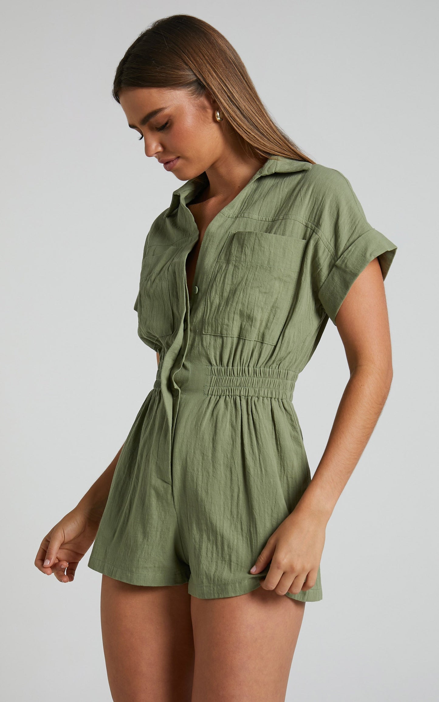 Daralyn Linen Blend Playsuit - Collared Button Down Utility Playsuit in Khaki